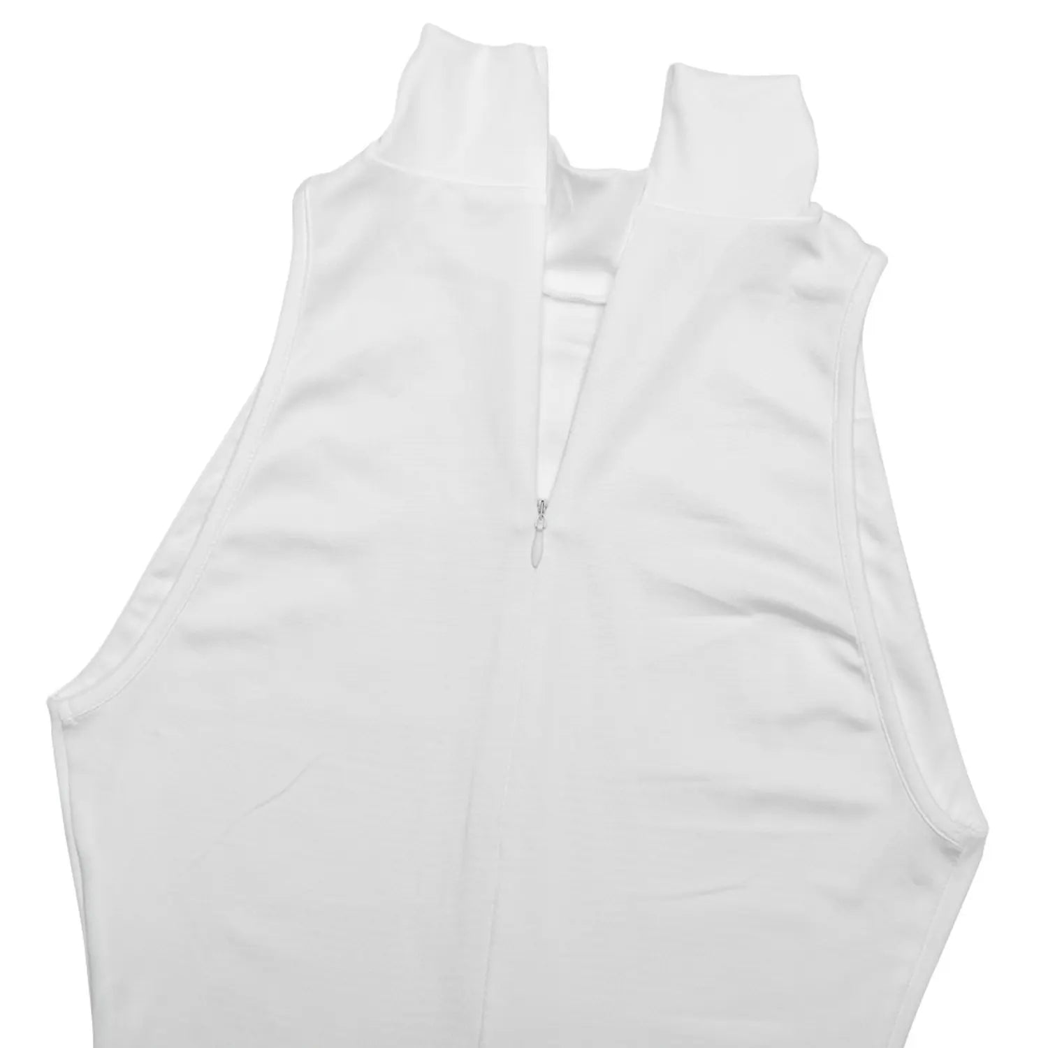 Close‑up flat lay white sleeveless turtleneck back invisible zipper seam detail