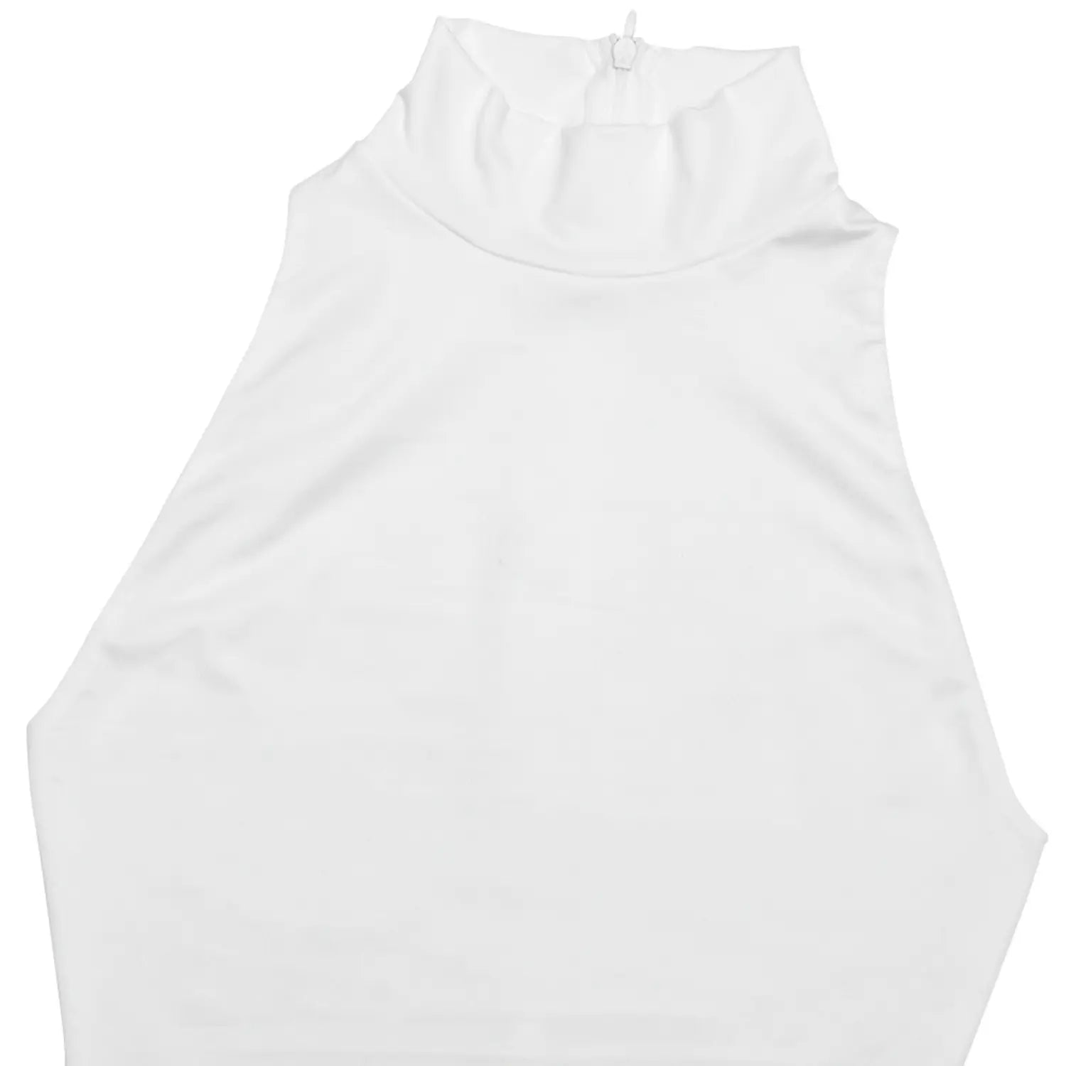 Mannequin back full shot white sleeveless turtleneck maxi dress rear zipper draped waist