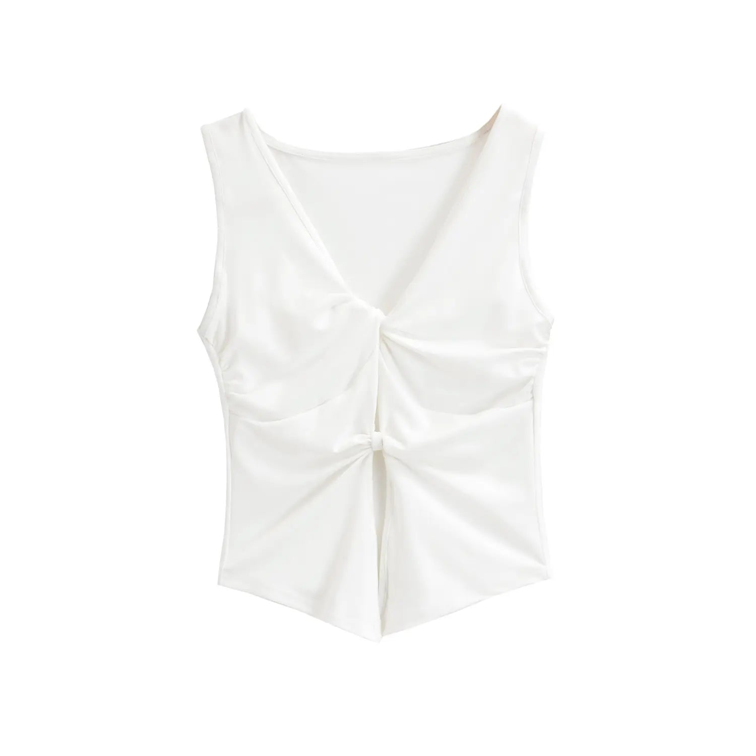 White double twist cutout sleeveless top full front white flat lay, bust double knot hollow slim cropped uneven hem solid stretch knit hot girl inner wear photo