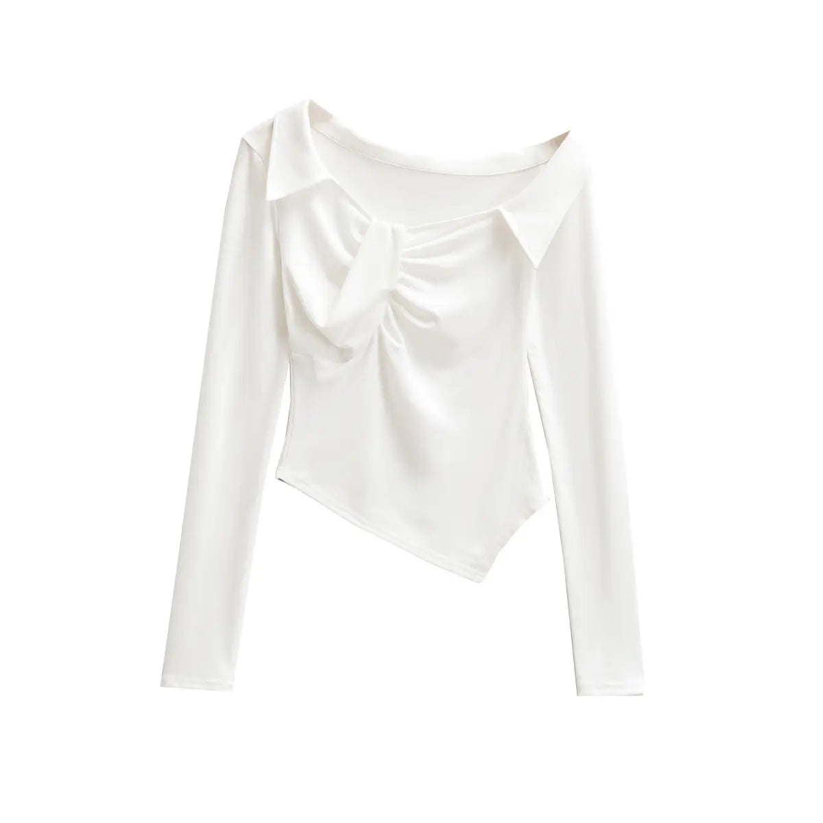 Full view of the white twist-front long-sleeve top, showing the collar points, twisted bust, and asymmetric hem