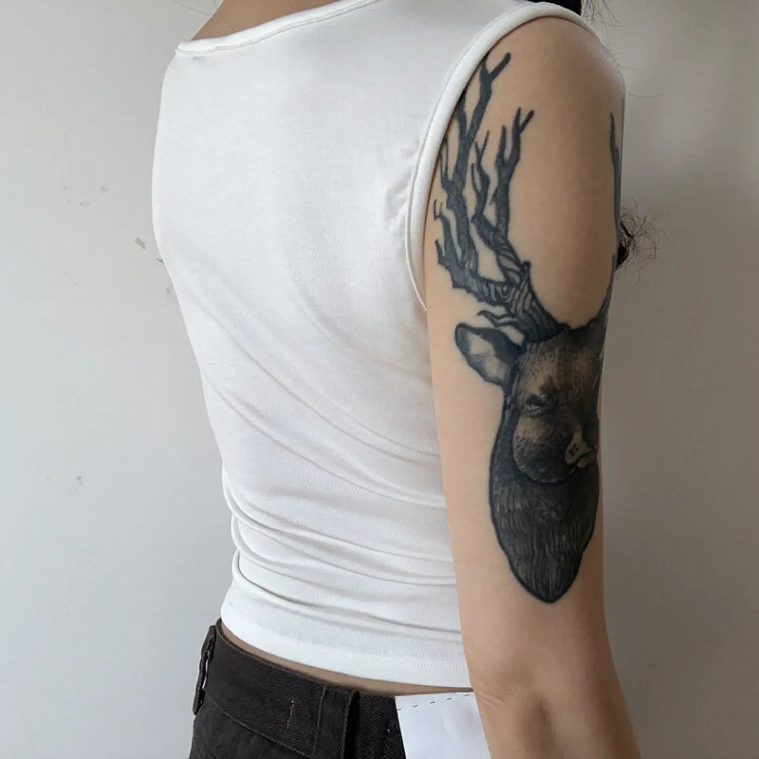 White double twist sleeveless tank full back model indoor shot, solid stretch knit plain back ruched design basic crew neck slim cropped fit daily casual inner wear