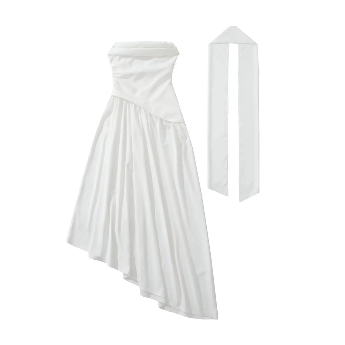 White halter asymmetrical pleated maxi dress displayed with separate matching sash