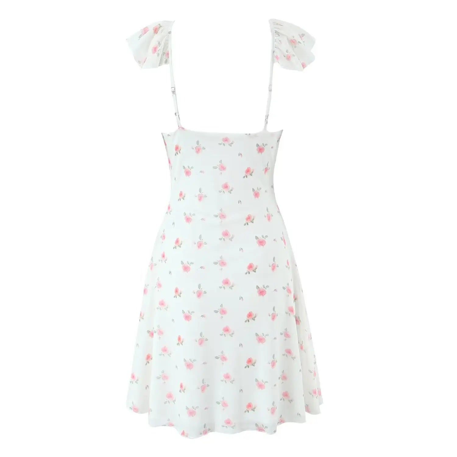 Back view of white pink rose floral camisole mini dress with adjustable spaghetti straps