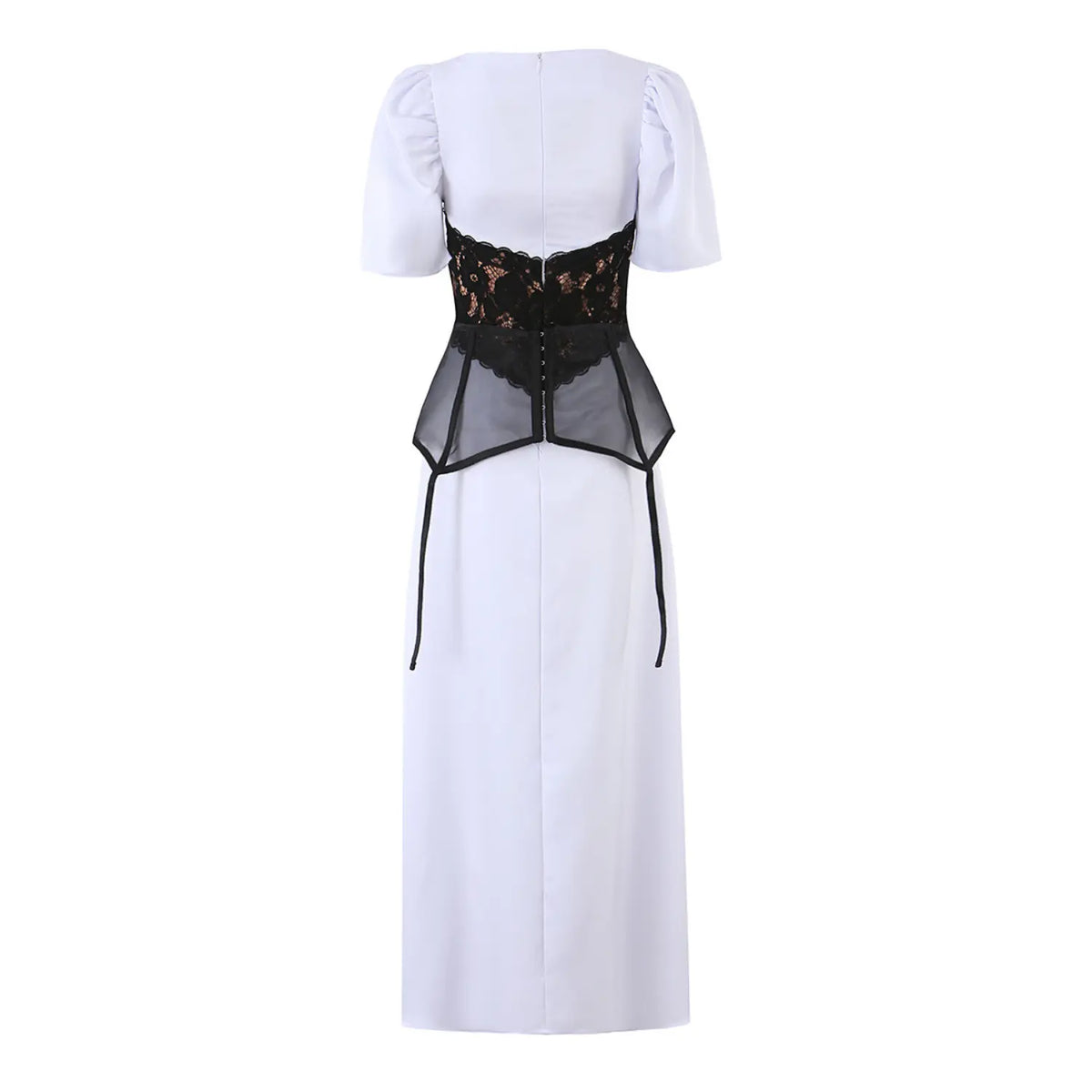 Back full view of white maxi dress with black lace peplum overlay