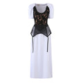 Front view of white puff sleeve maxi dress with black lace peplum overlay