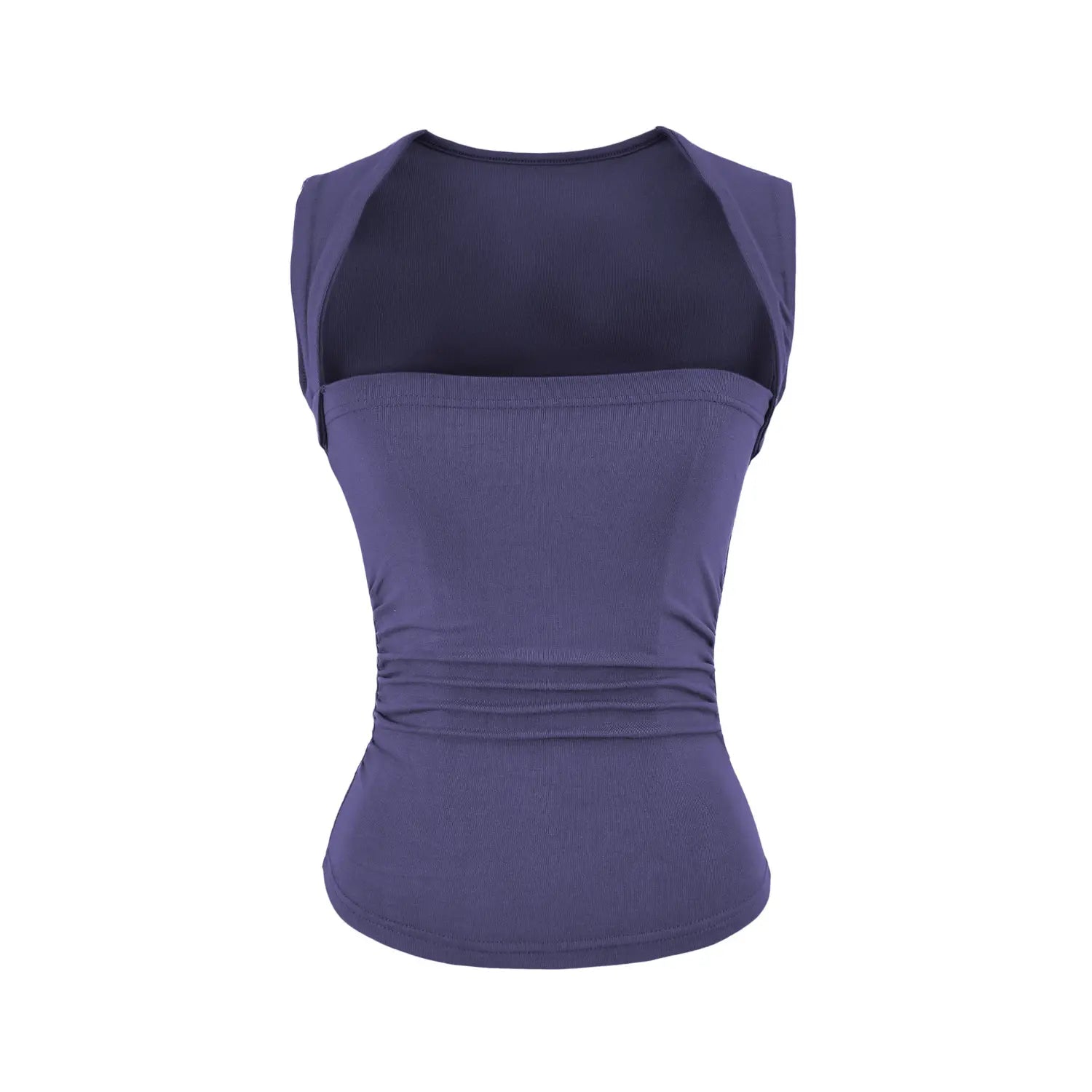 Purple double layered tube tank top with cover shoulder wide straps, waist gathered ruched slim cropped cami top, studio white background product shot