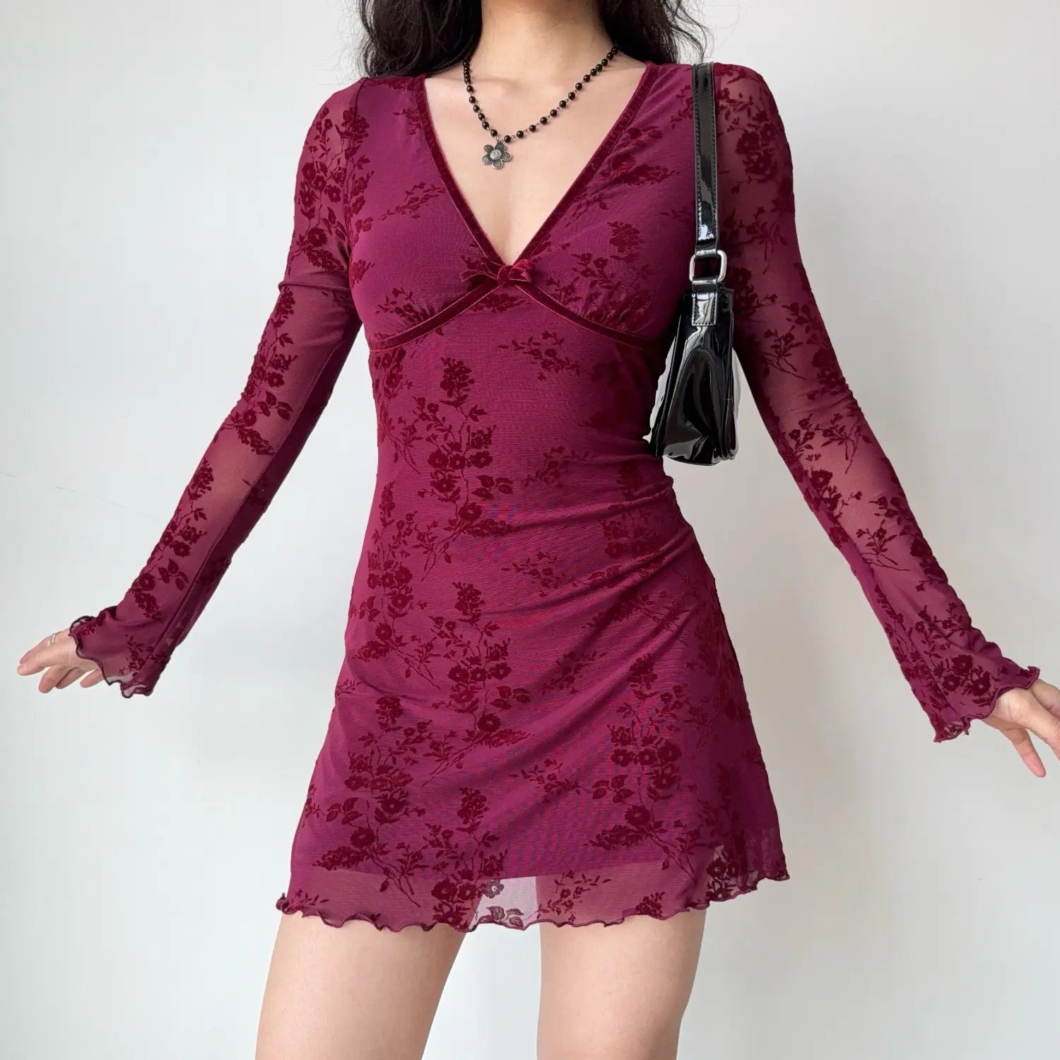 Wine floral printed sheer mesh women mini dress, deep v neck small velvet bow, flounce long sleeve lettuce hem slim club bodycon dress