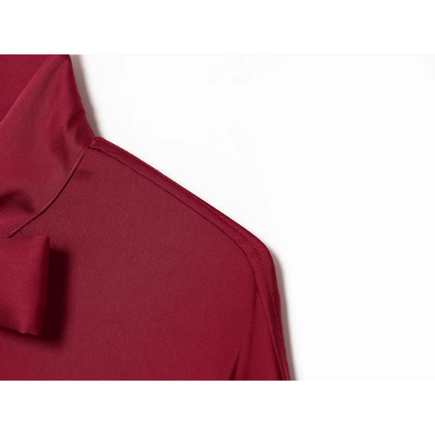 Shoulder stitching texture closeup wine red silky blouse