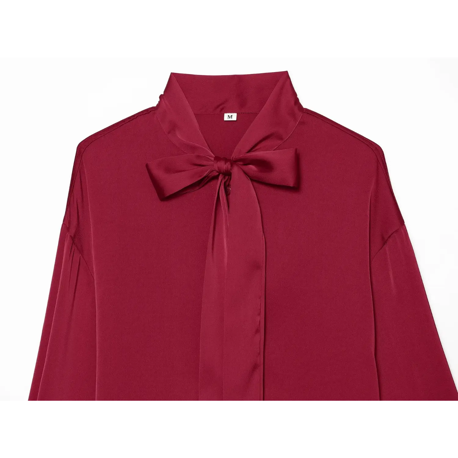 Close-up of bow tie neck on wine red satin blouse