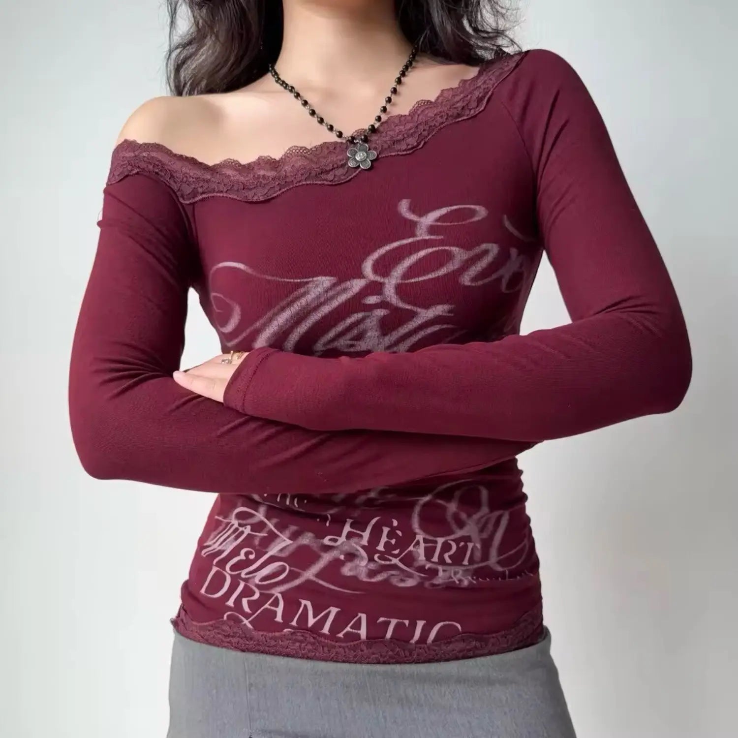 Side back shot of wine red lace trim off shoulder long sleeve bodycon top, soft stretch slim vintage women shirt