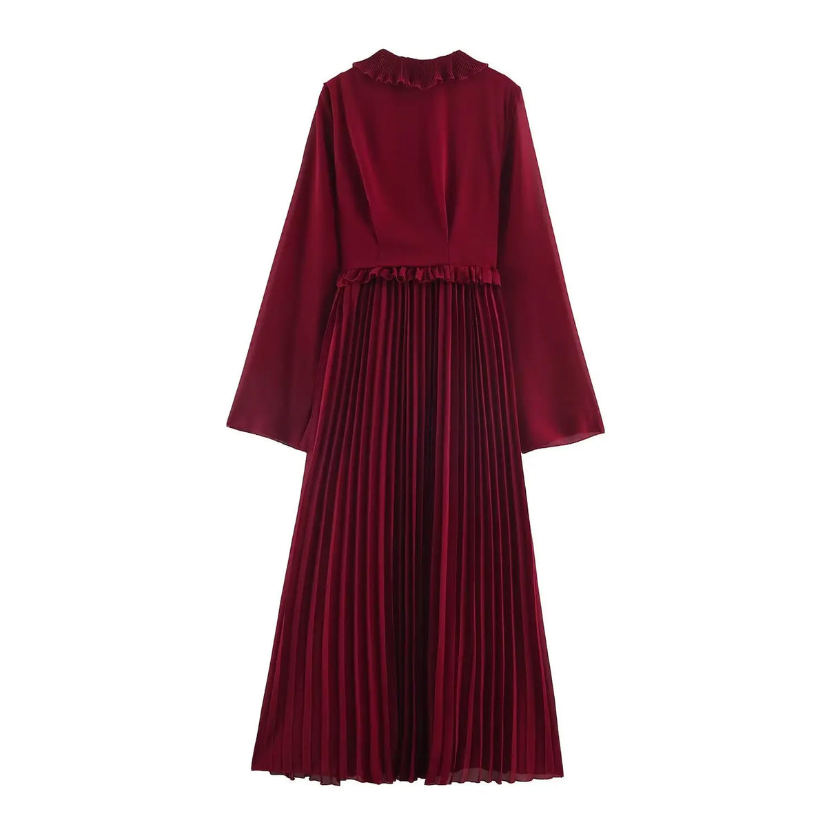 Back view of wine red long sleeve maxi dress with ruffled neckline, waist ruffle and pleated skirt on white background