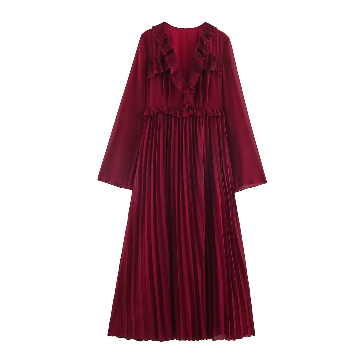 Front view of wine red long sleeve maxi dress with deep V-neck, ruffle details, waist ruffle and pleated flared skirt