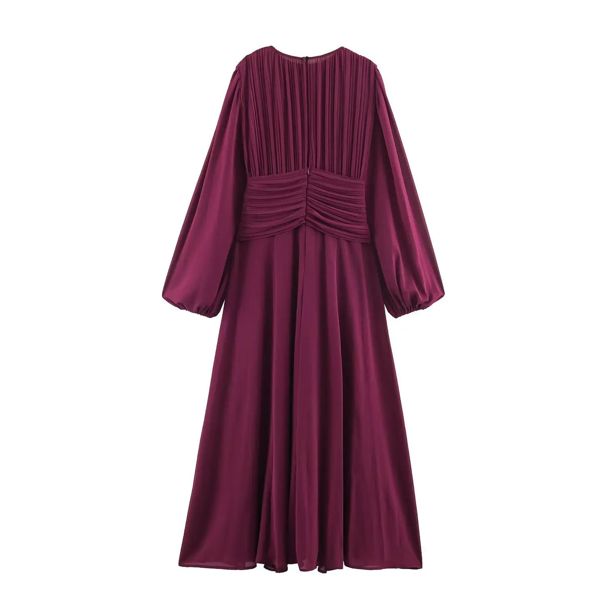 Back view of wine red pleated maxi dress showing puff sleeves, drawstring waist and voluminous maxi skirt