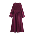 Front view of wine red puff sleeve pleated maxi dress with drawstring waist and flowing skirt on white background