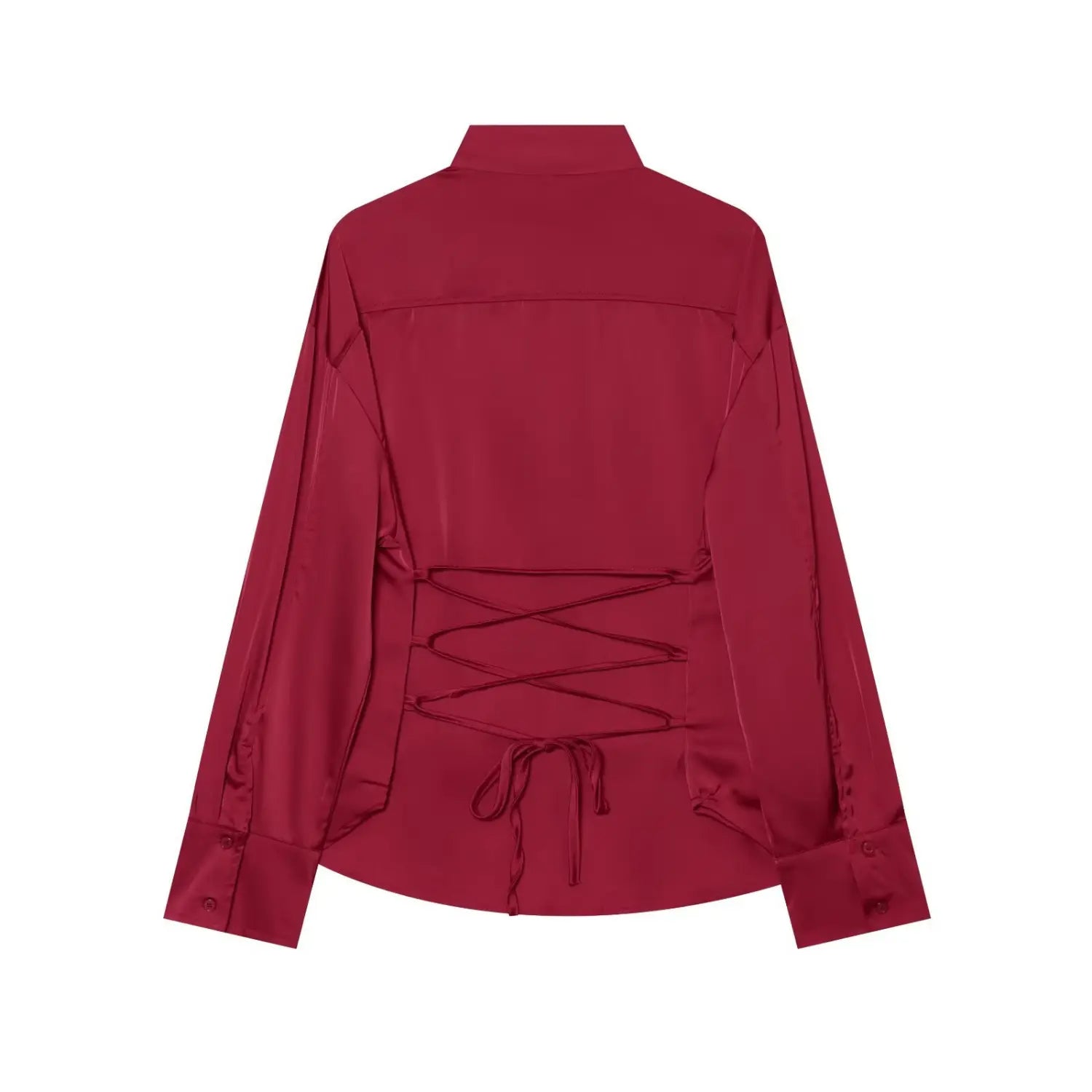 Back view wine red blouse crisscross lace up tie detail