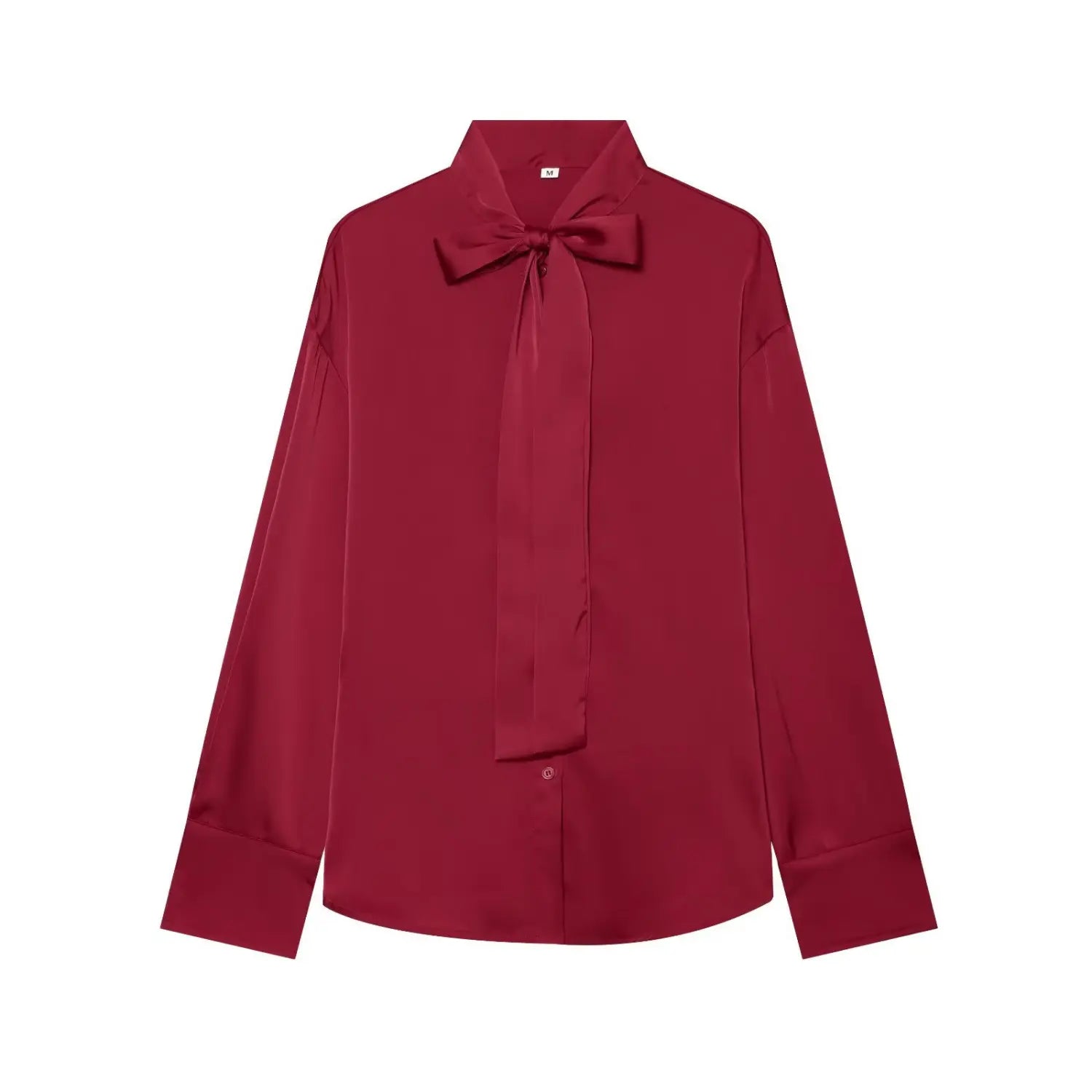 Wine red satin long sleeve blouse with bow tie collar front view