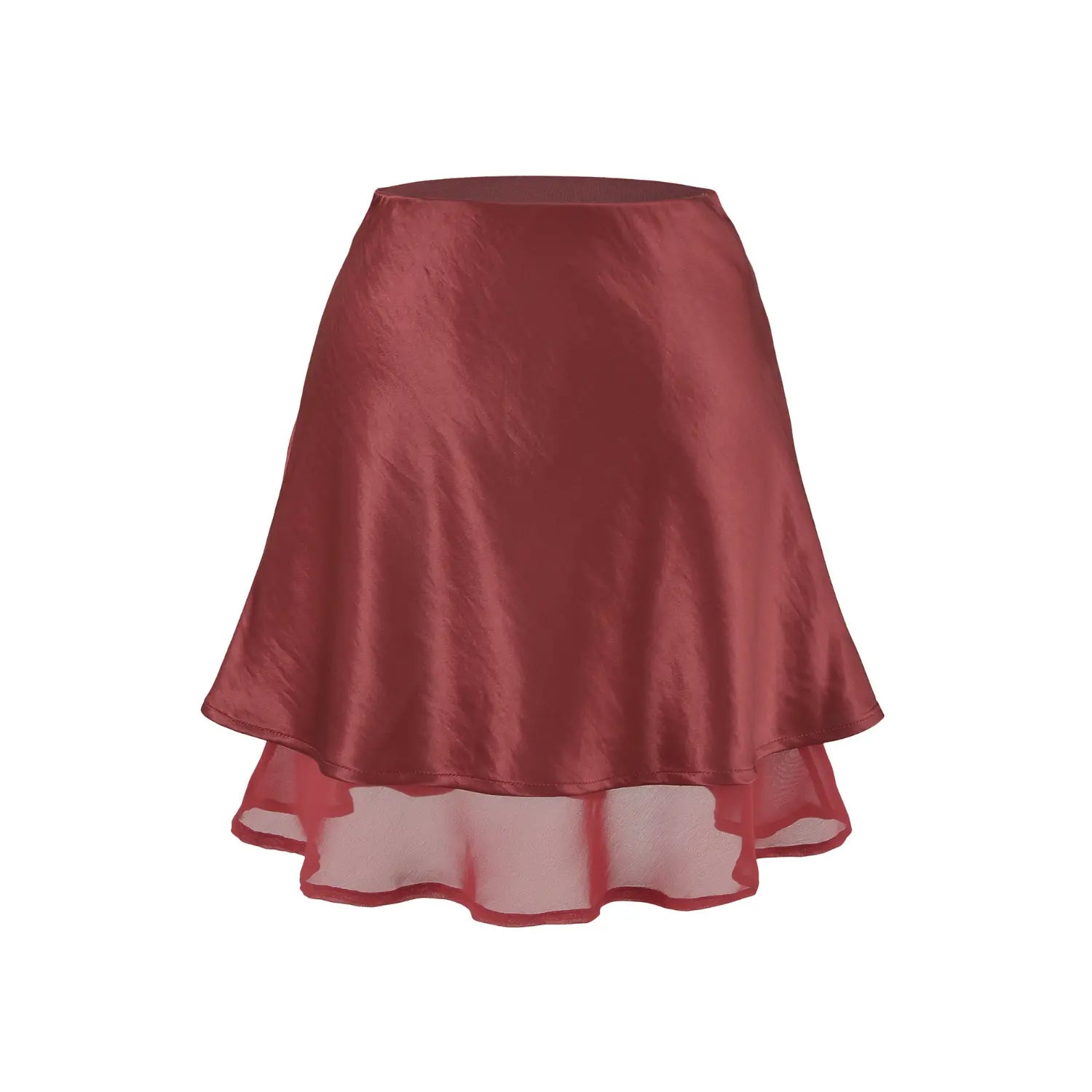 Wine red layered satin mini skirt white flat single shot vintage rich satin sheen double sheer mesh hem romantic short skirt