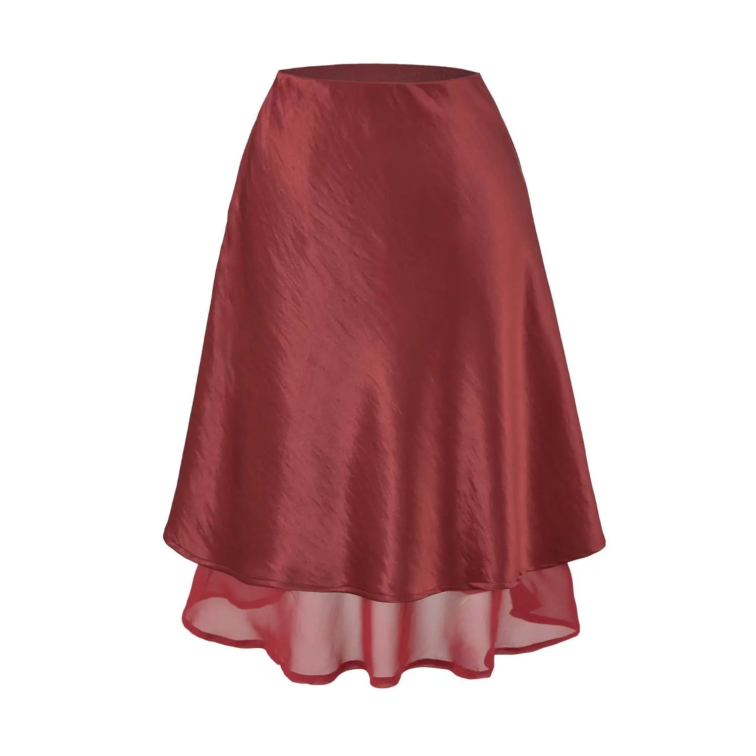Vintage wine red satin mini skirt flat shot, rich retro satin luster sheer staggered mesh hem feminine date night solid skirt shot