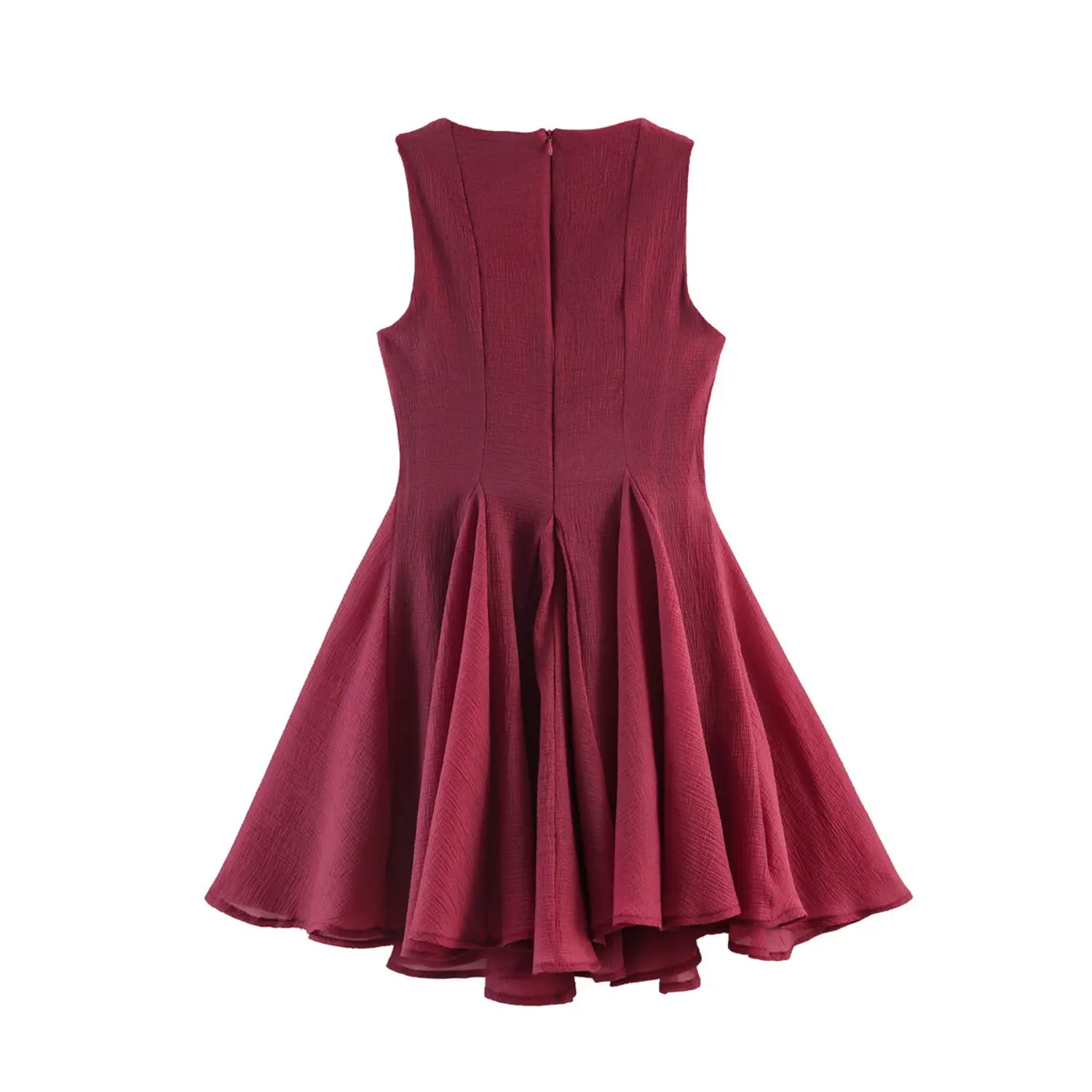 Full back flat lay, round sleeveless neck, central invisible zipper, fitted waist multi-gore flared mini skirt, all-over natural wrinkle chiffon
