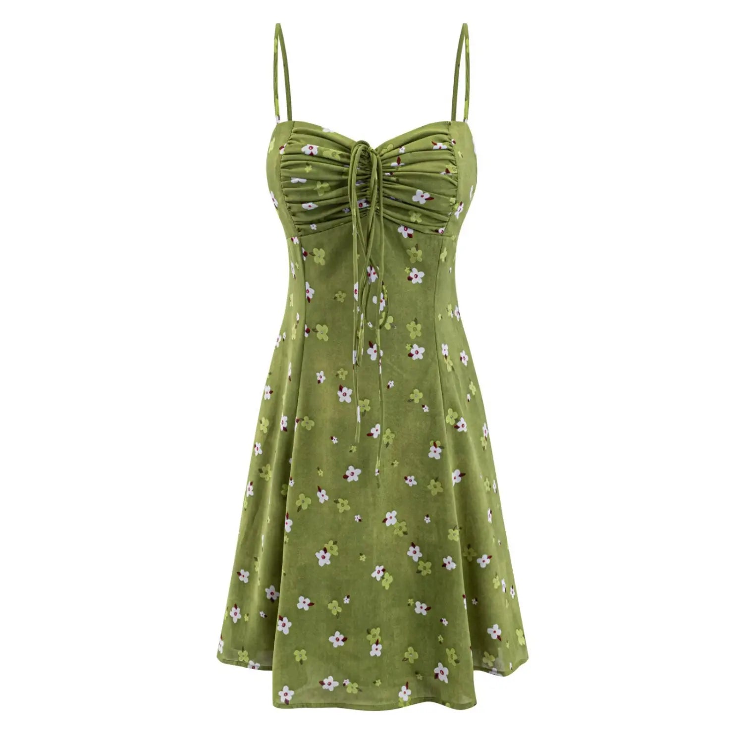 Women avocado green tiny floral drawstring cami mini dress full front flat lay, v-neck bust tie adjustable thin straps double lining a-line mini silhouette white background shot