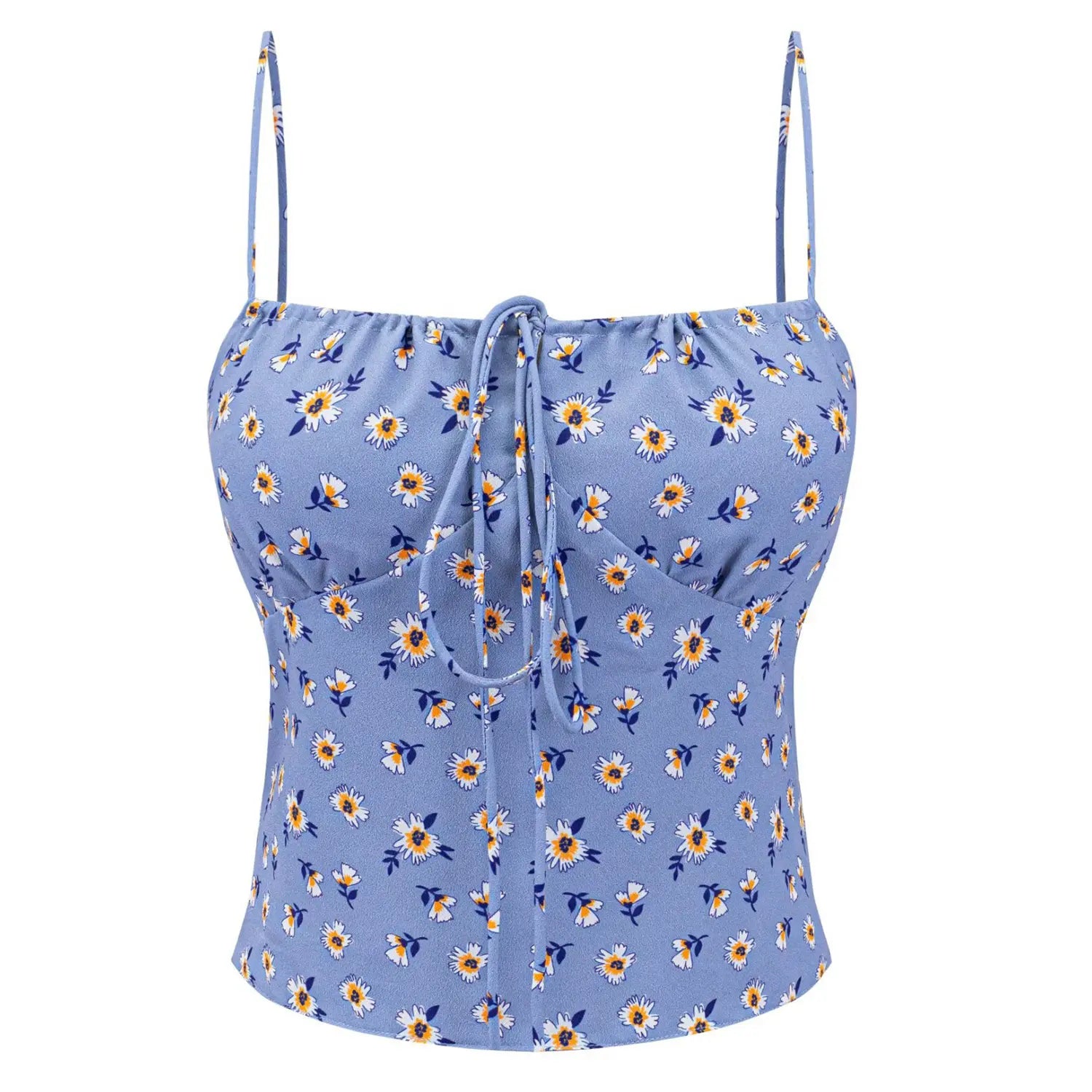 Women haze blue daisy cami full back flat lay, square back neck full smocked elastic waist matching solid lining white background shot