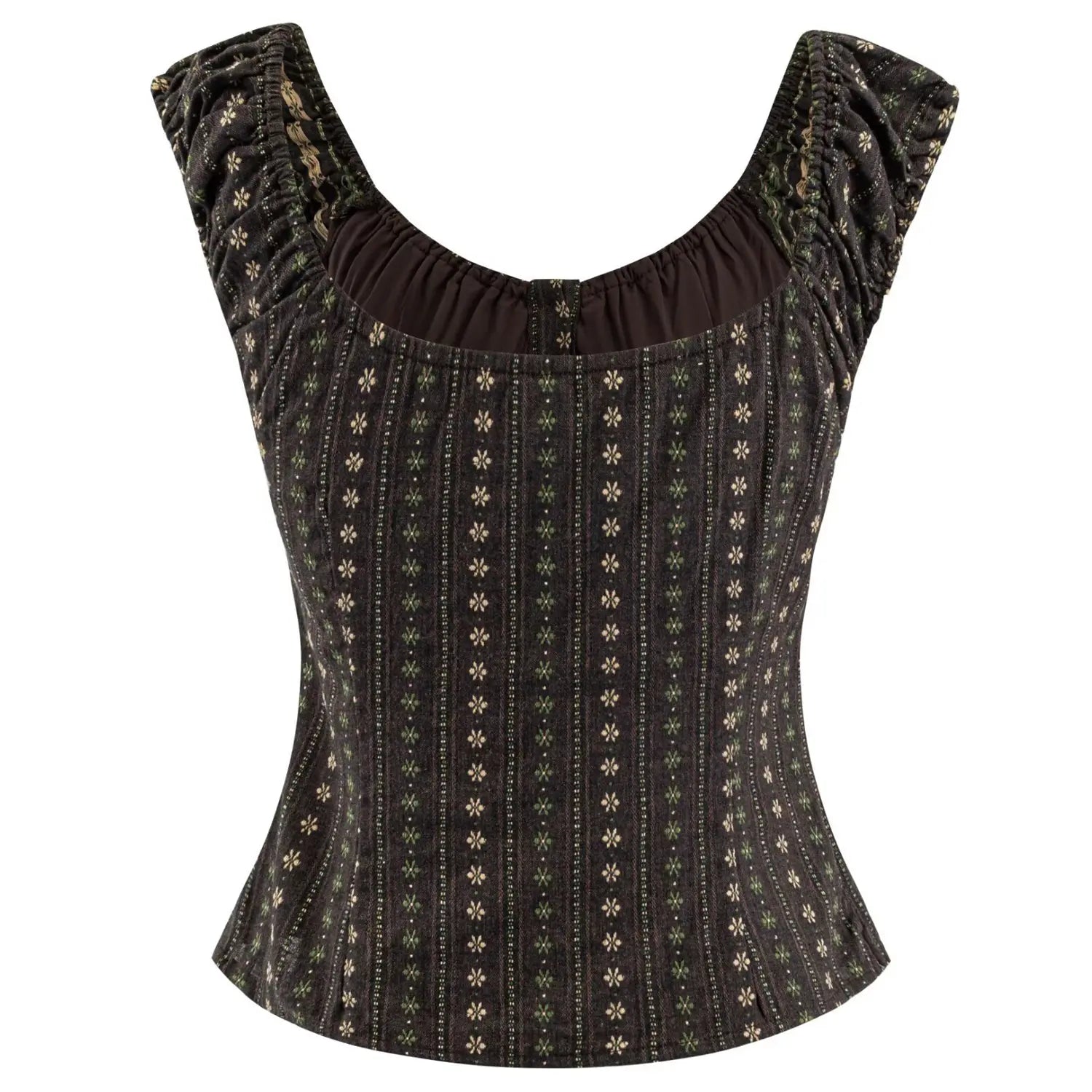 Women dark brown vertical floral two way wear crop top full back flat lay, square back neck matching solid lining and fitted waist silhouette white background shot