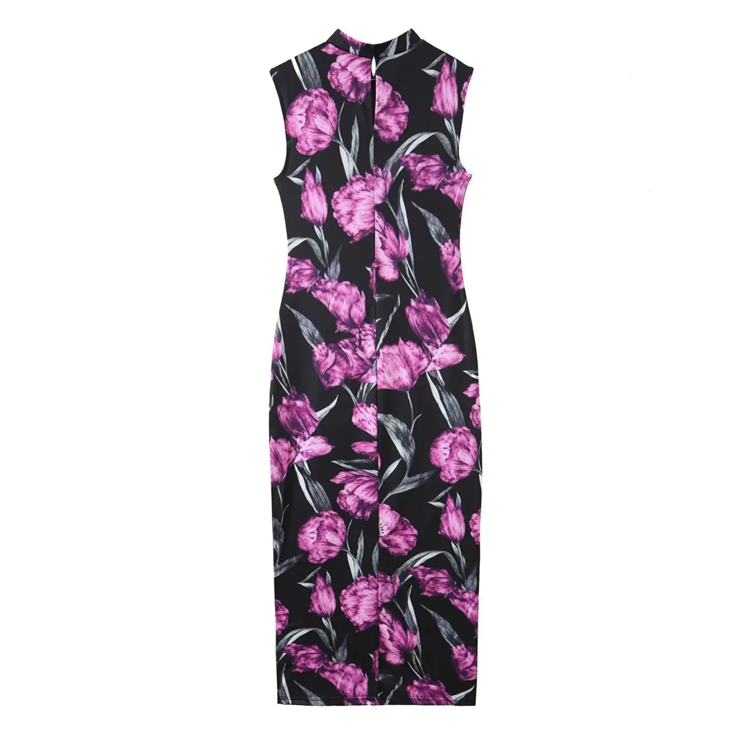 Women flowy maxi dress, full length floor‑gown, back view on model