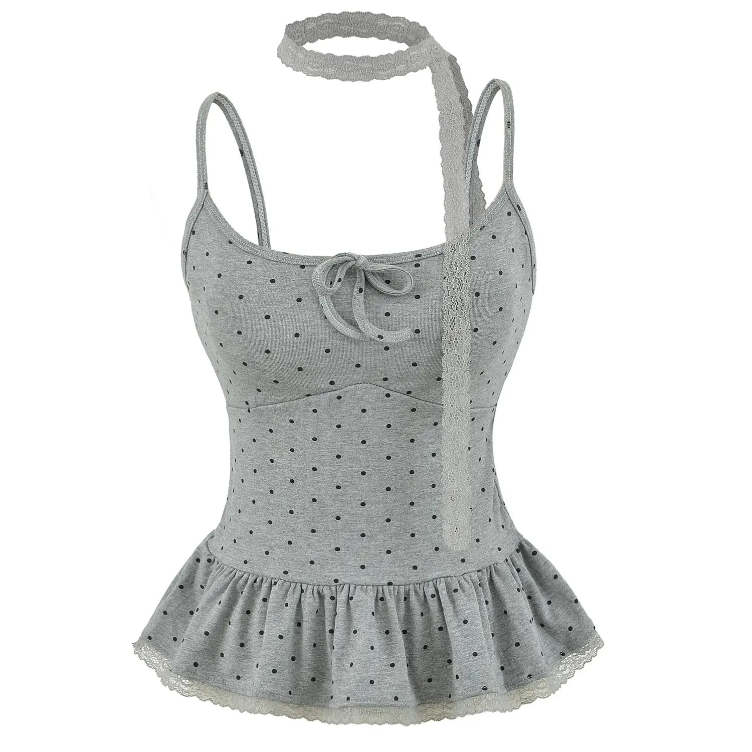 Women heather gray black polka dot bow knit cami full front flat lay, lace choker built-in padding lace peplum hem fitted cropped silhouette white background shot
