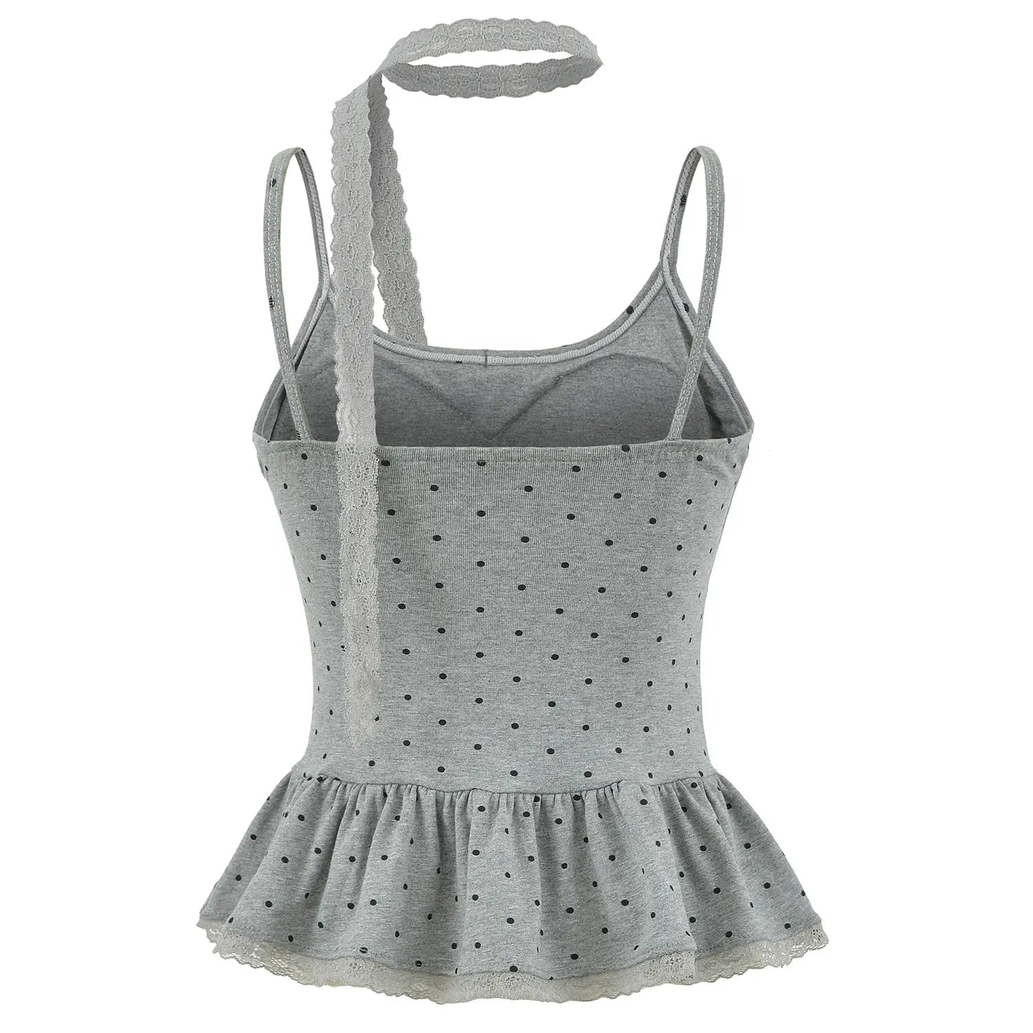 Women heather gray polka dot knit cami full back flat lay, matching lace choker square back neck lace peplum hem white background shot