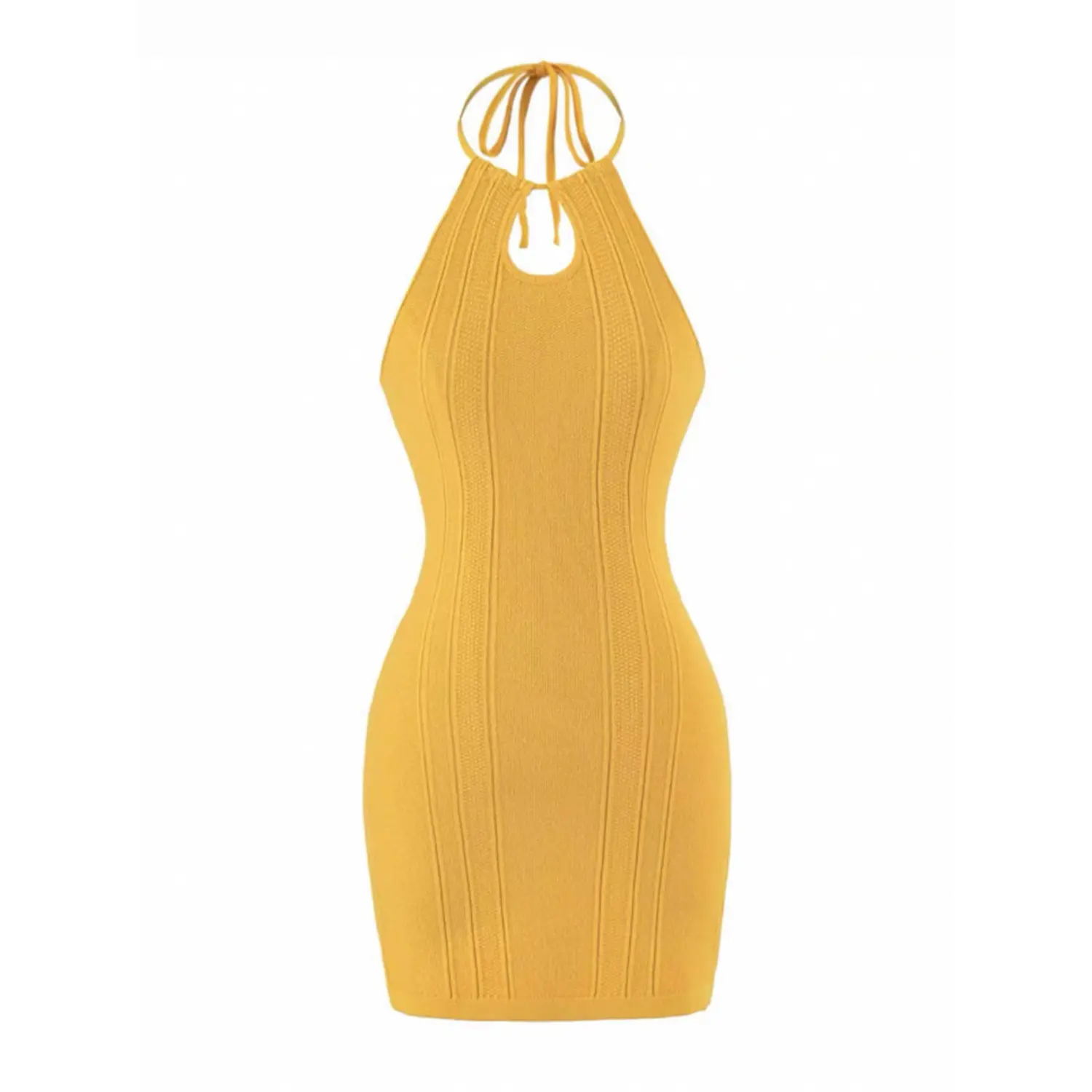 Women mustard yellow vertical ribbed halter tie knit mini dress full front plain white flat lay, keyhole cutout bust high stretch slim bodycon mini silhouette product shot