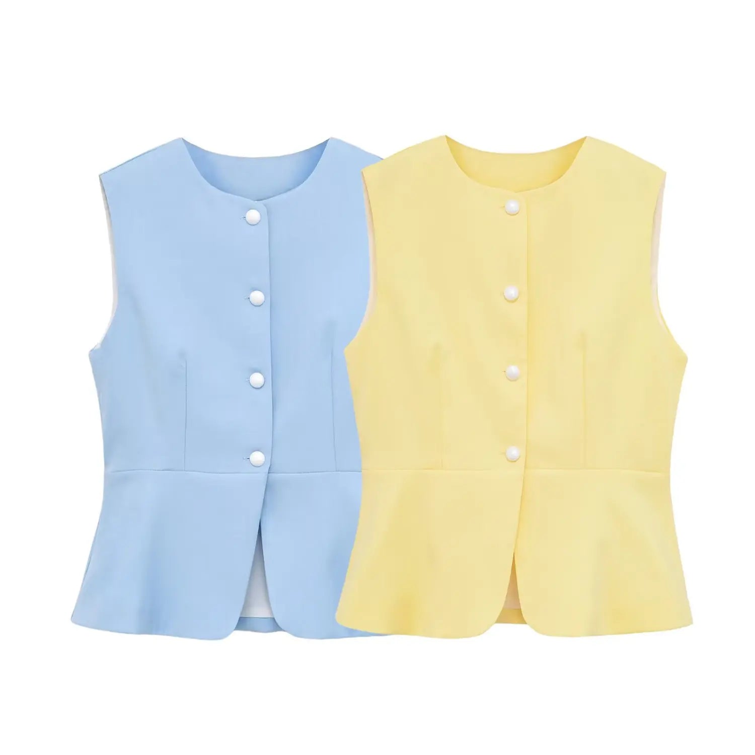 Women sleeveless peplum vest, Light Blue and Yellow colorway, front view, round neck, pearl button placket