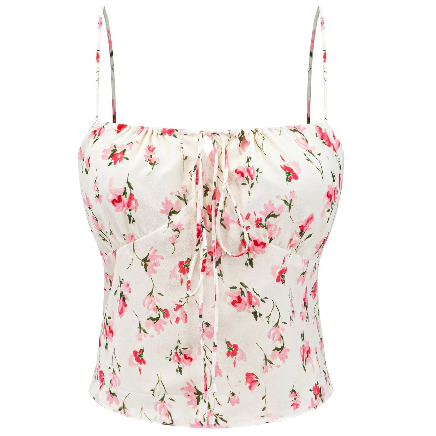 Women pink watercolor floral drawstring cami full front flat lay, elastic neck front tie smocked back waist fitted cropped silhouette white background shot
