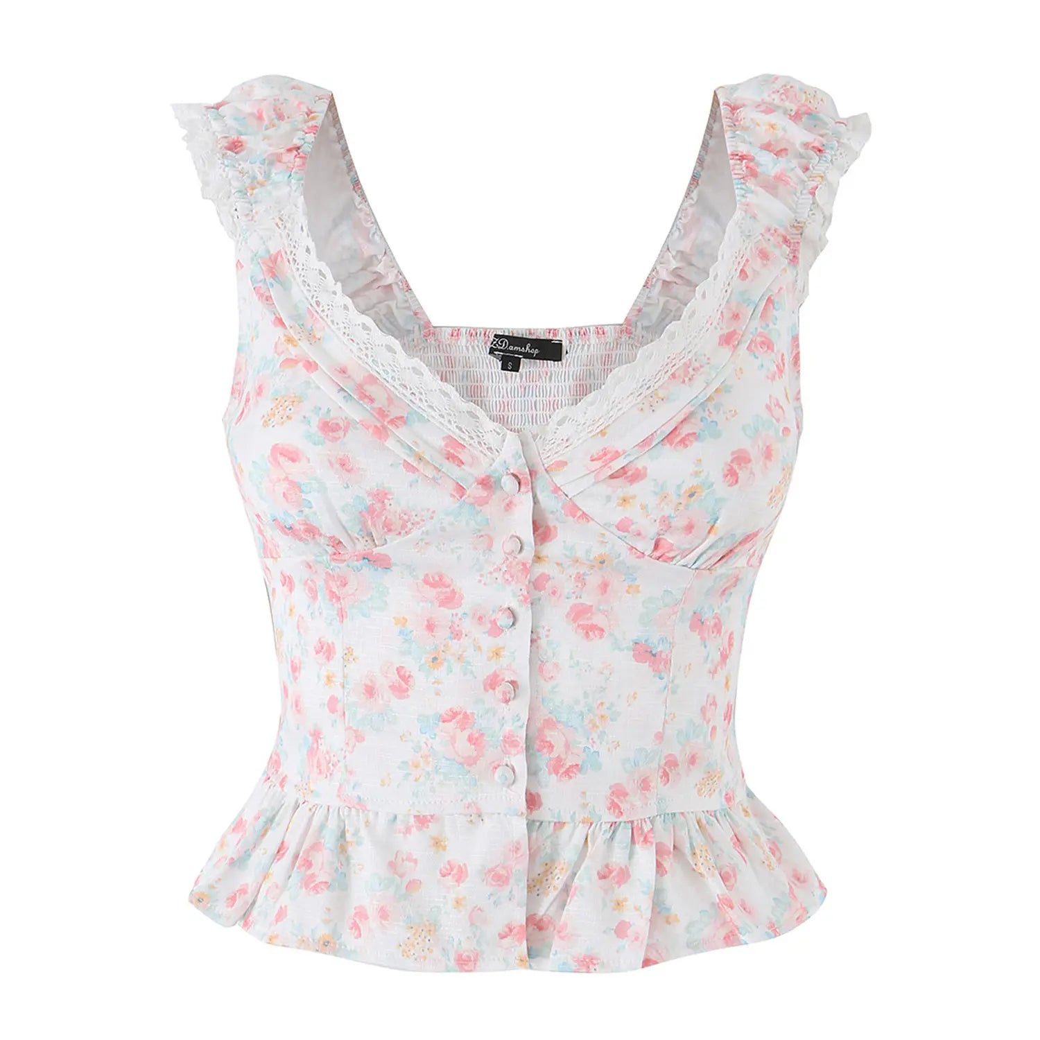 Women white pink floral lace v-neck crop top full front flat lay, cap sleeve button front ruffle hem white background shot