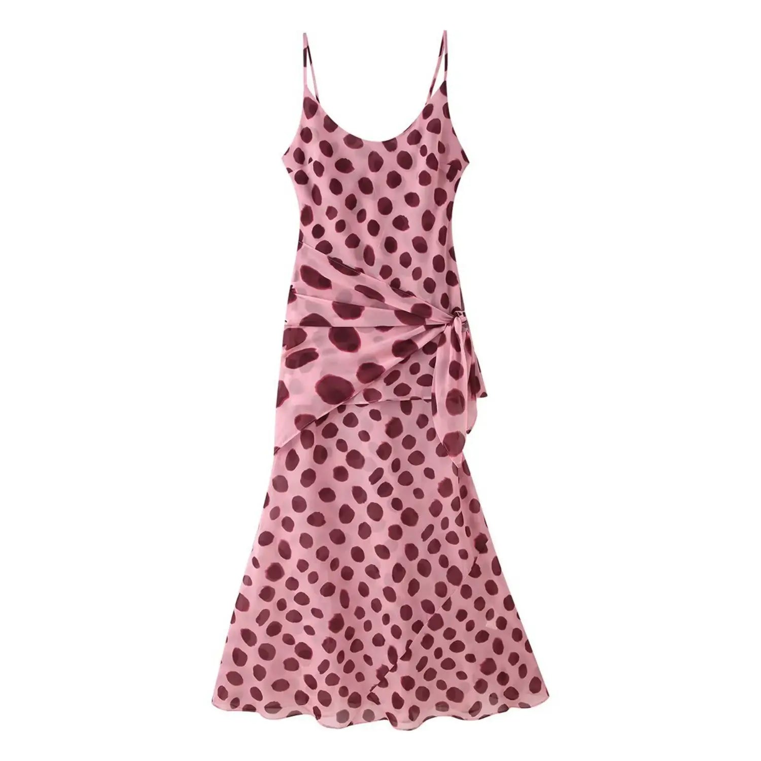 Women pink polka dot spaghetti strap midi dress, ruched side tie wrap chiffon mermaid long dress