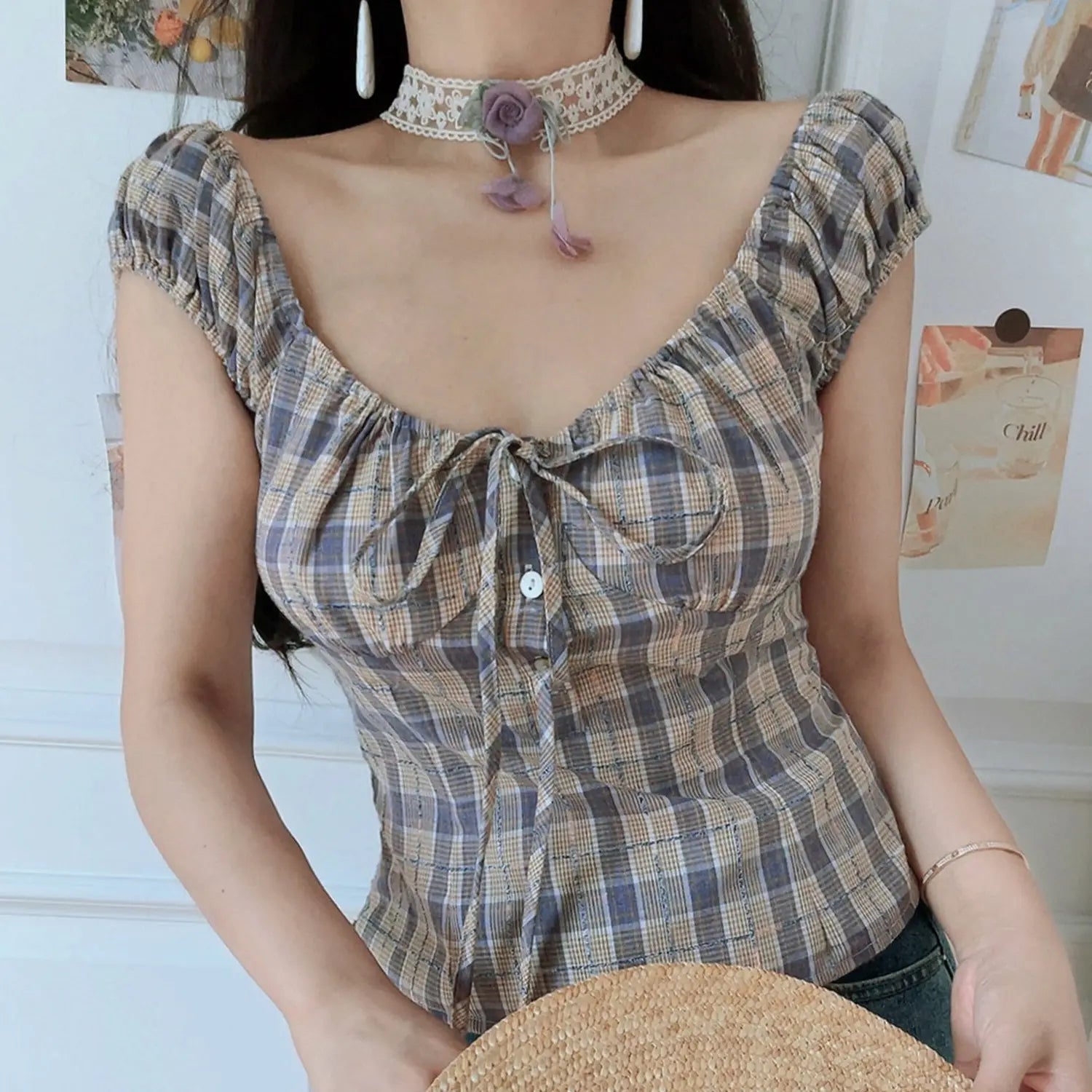 Women purple brown plaid woven crop top, square neck puff sleeve front drawstring tie fitted waist, indoor half body model shot with straw hat