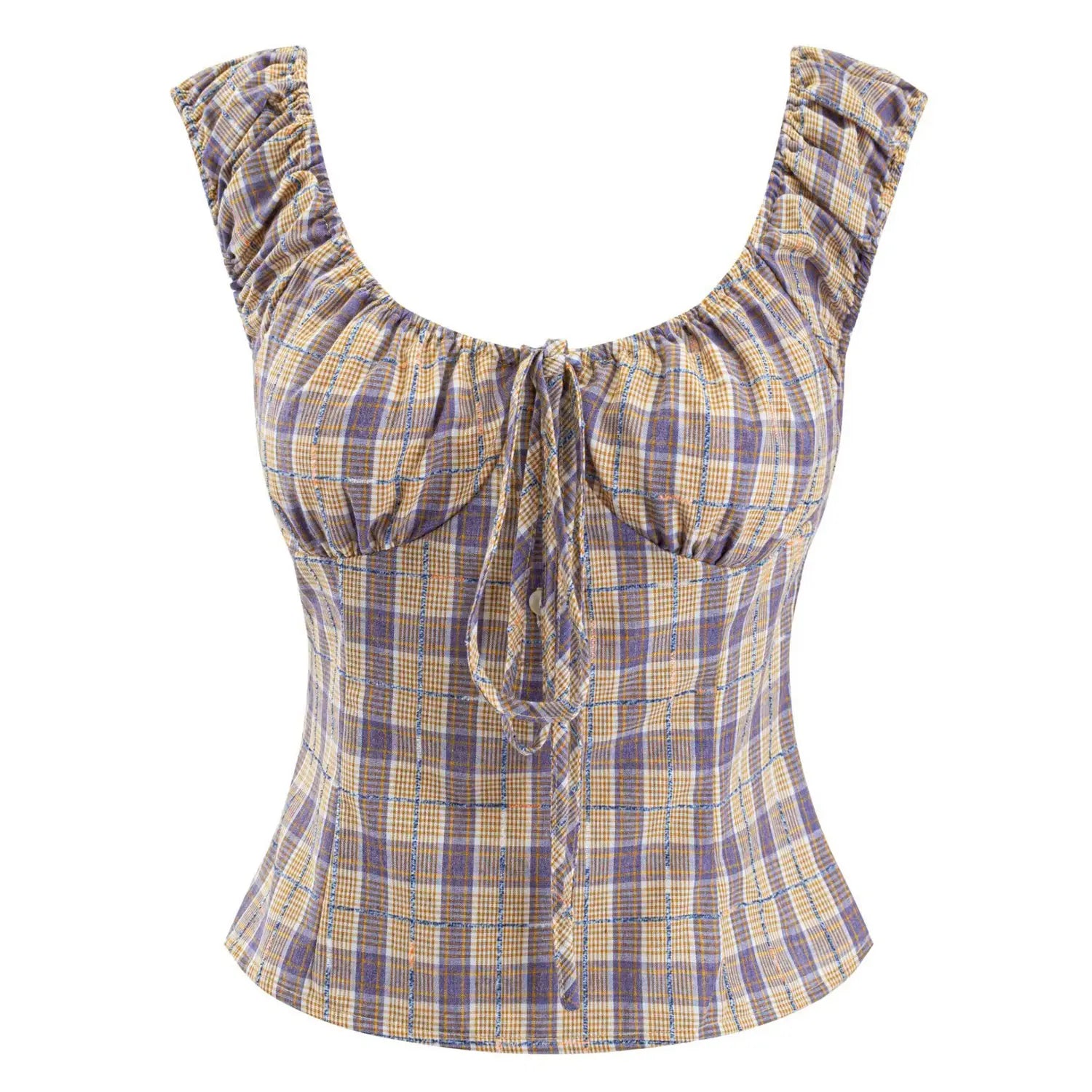 Women purple yellow plaid woven cami crop top full front flat lay, u-neck drawstring tie half button ruffle cap sleeve white background shot