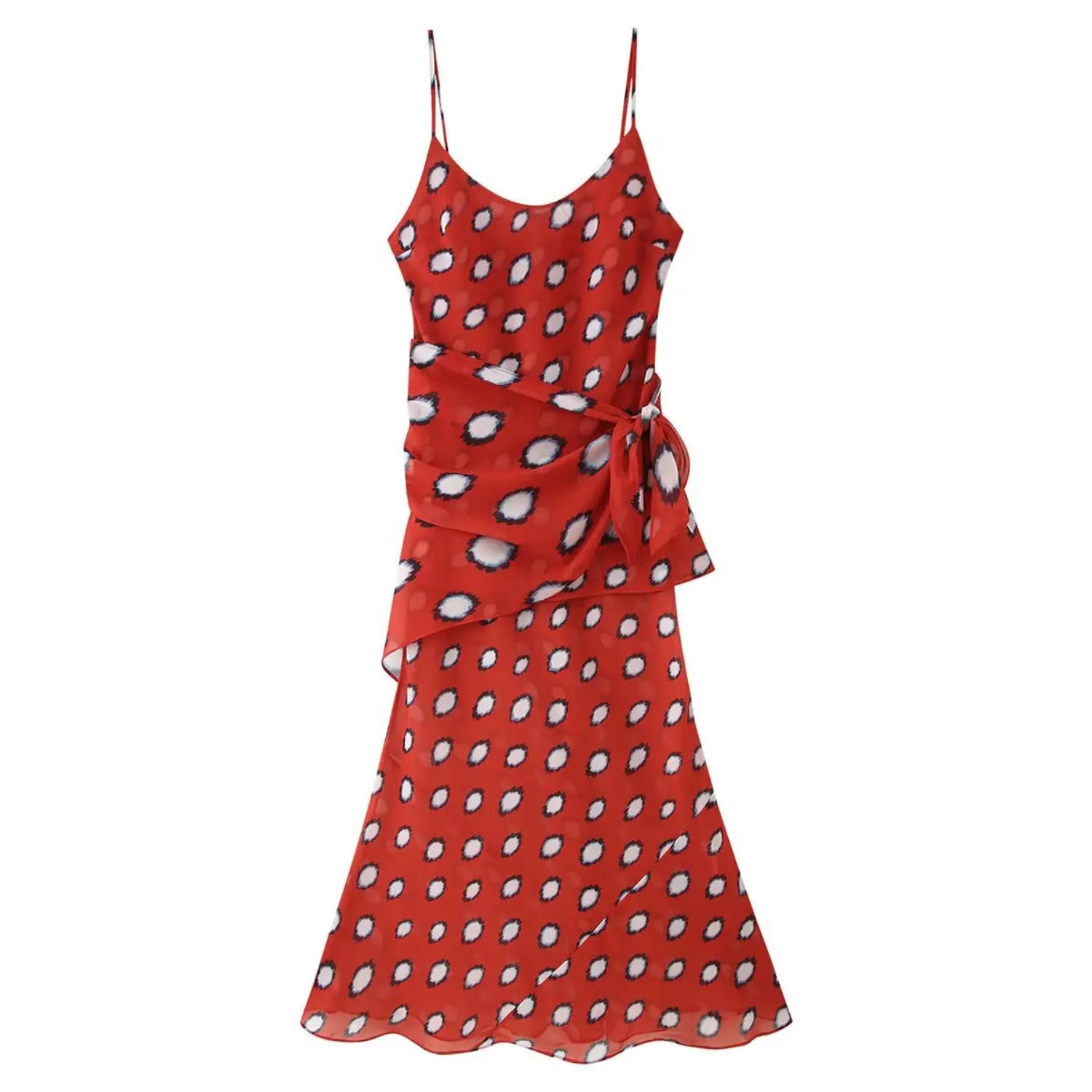 Women red white polka dot spaghetti strap midi dress, side tie wrap ruched chiffon mermaid dress