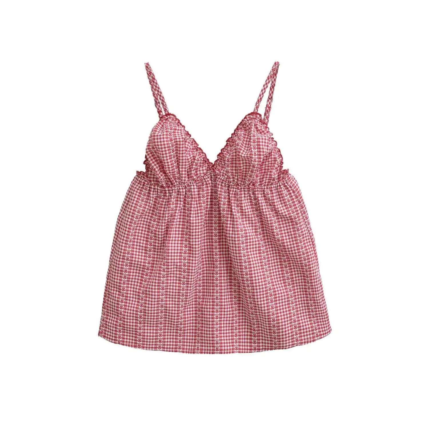 Women red white tiny gingham floral scalloped v-neck cami tank full front plain white flat lay, gathered loose babydoll adjustable straps mini chiffon camisole product shot