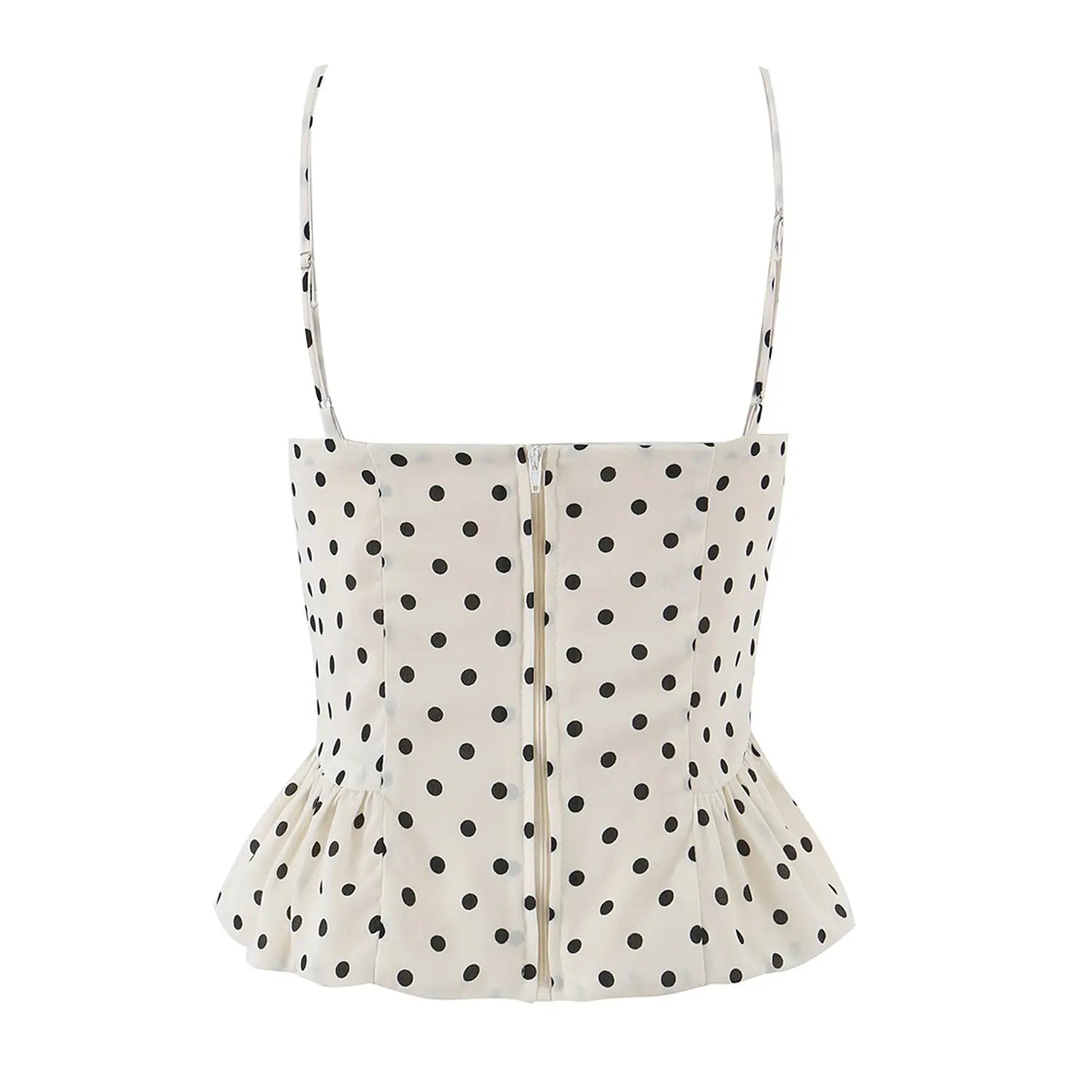 Women vintage cream black polka dot chiffon cami full front flat lay, v-neck gathered bust adjustable straps peplum hem white background shot
