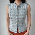 Outfit photo women wearing light wash stand collar denim sleeveless vest