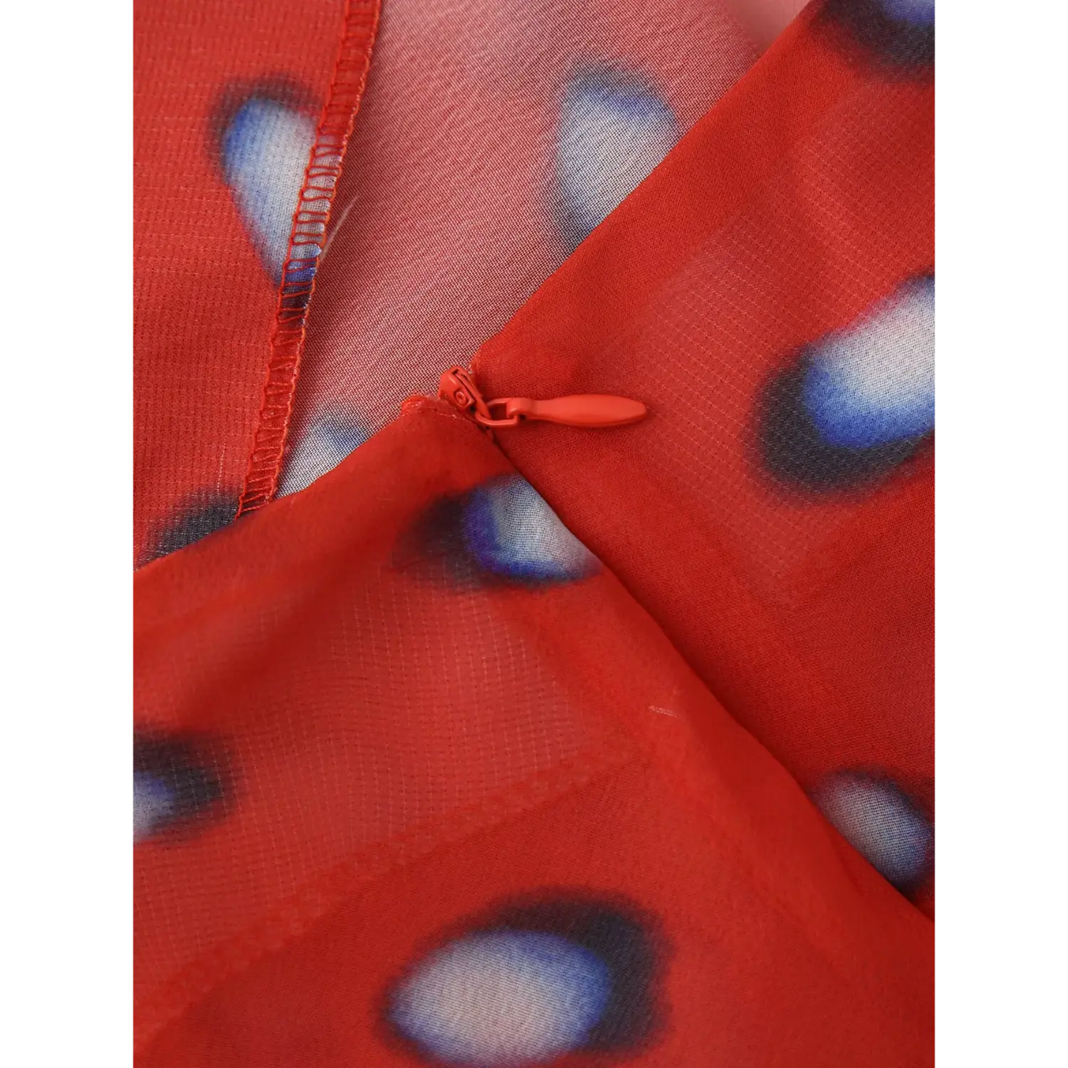 macro close up red invisible side zipper stitching sheer chiffon wrap skirt waist construction detail