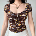 Y2K retro brown multi color oval print cropped top, deep square neck wooden bead drawstring, bodycon stretch short sleeve women shirt