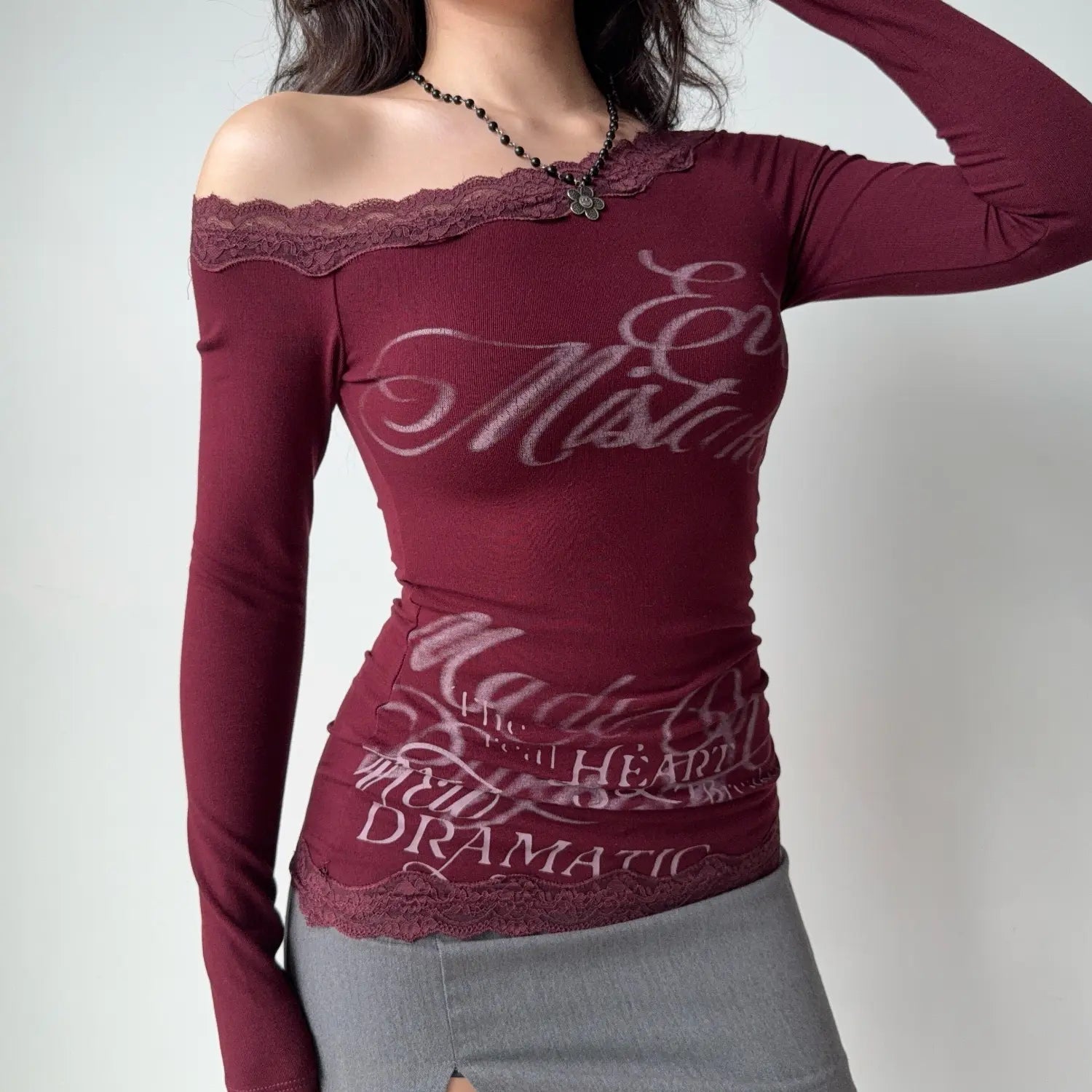 Y2K vintage wine red off shoulder top with lace trim neck and hem, faded script letter print long sleeve bodycon knit shirt