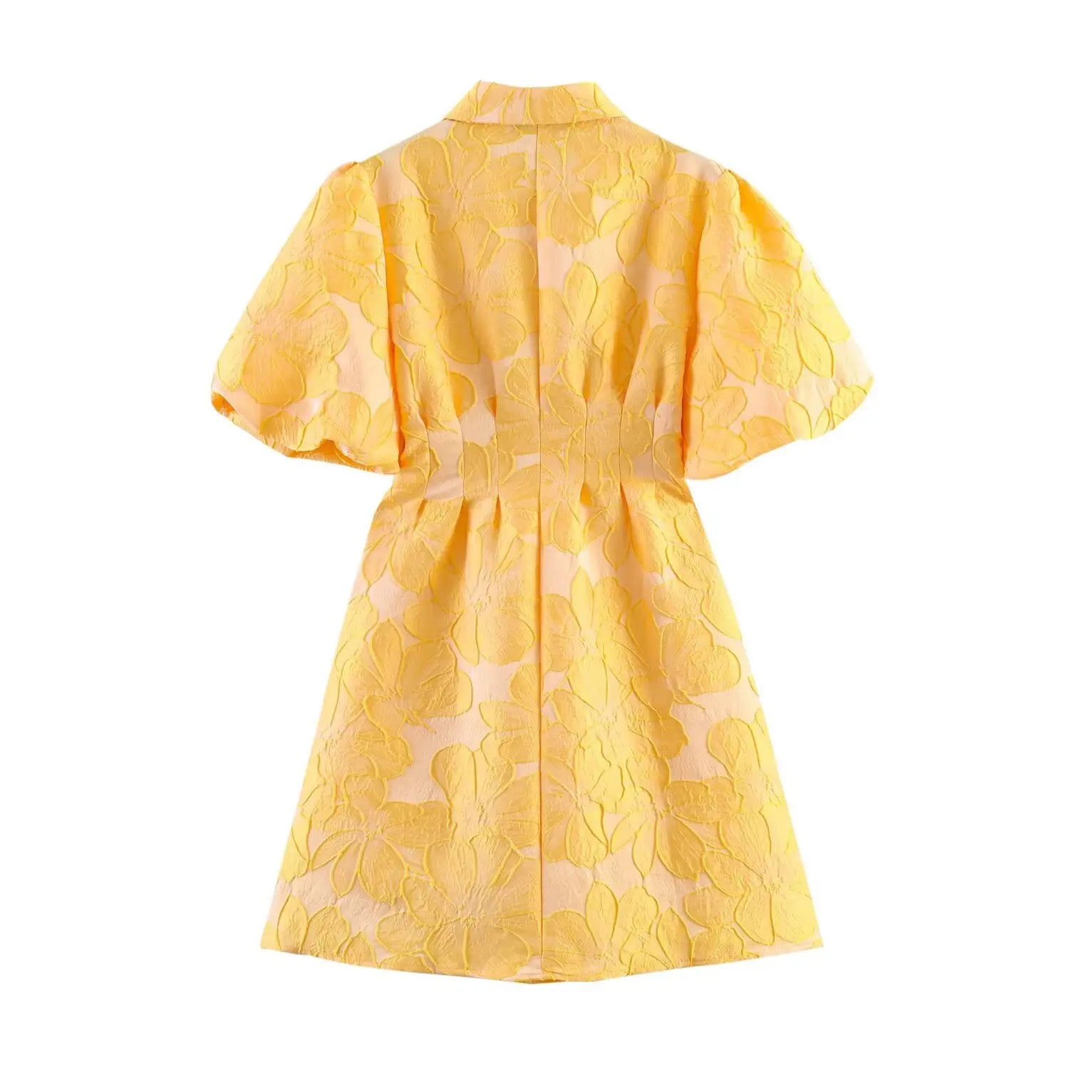 Full back flat view of yellow textured floral mini dress, showing central back seam, puff short sleeves and fitted waist A-line skirt