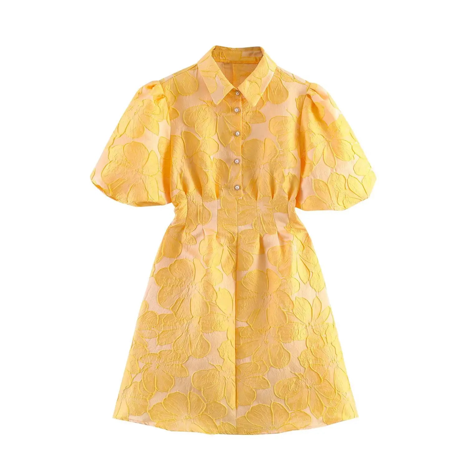Full front flat lay shot of collared shirt mini dress, vertical pearl button placket, cinched waist and short A-line skirt