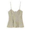 Front flat lay yellow black plaid cami top with lace scallop neckline and seamed bust detail