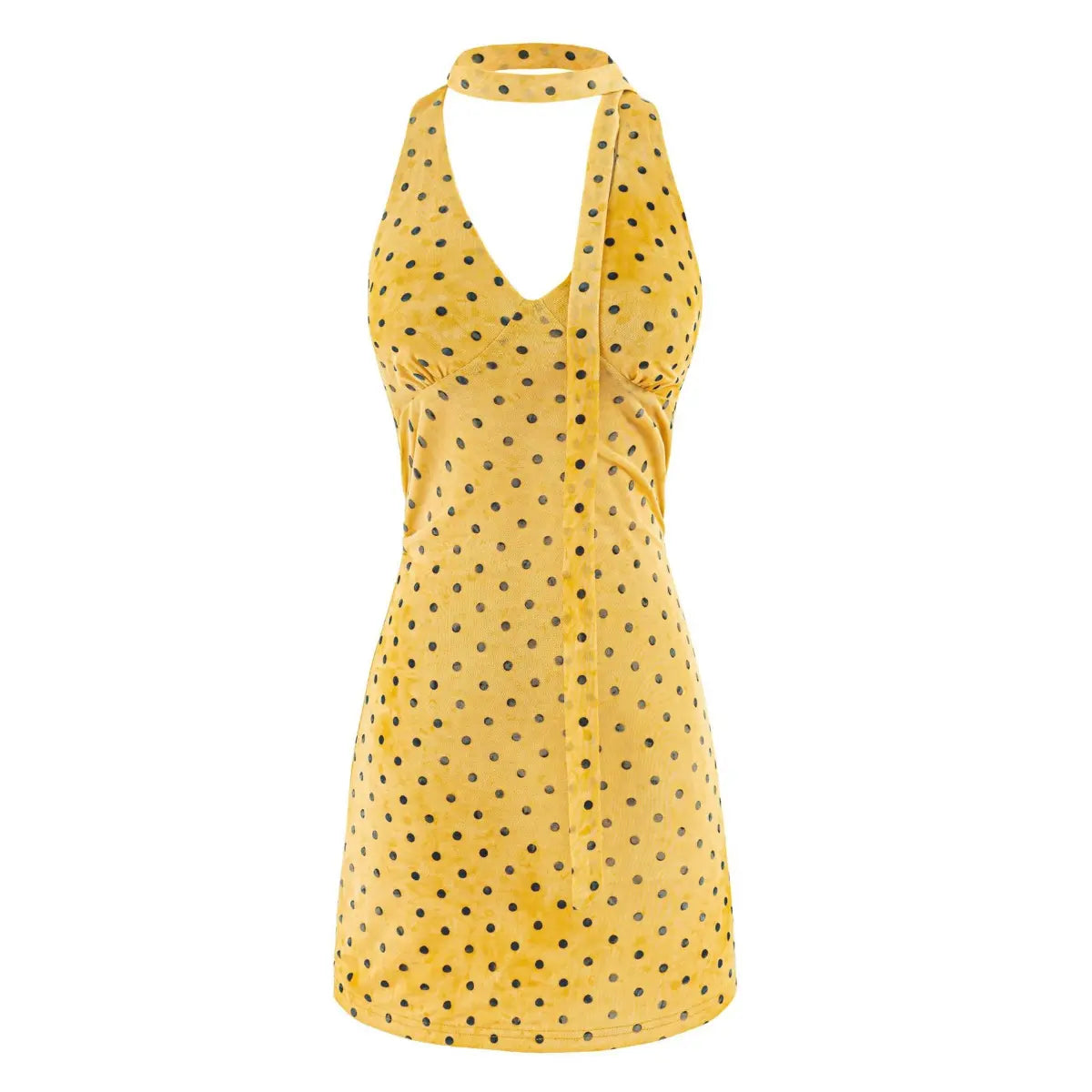 Front view of a yellow halter mini dress with black polka dots, V-neck, and matching neck tie.