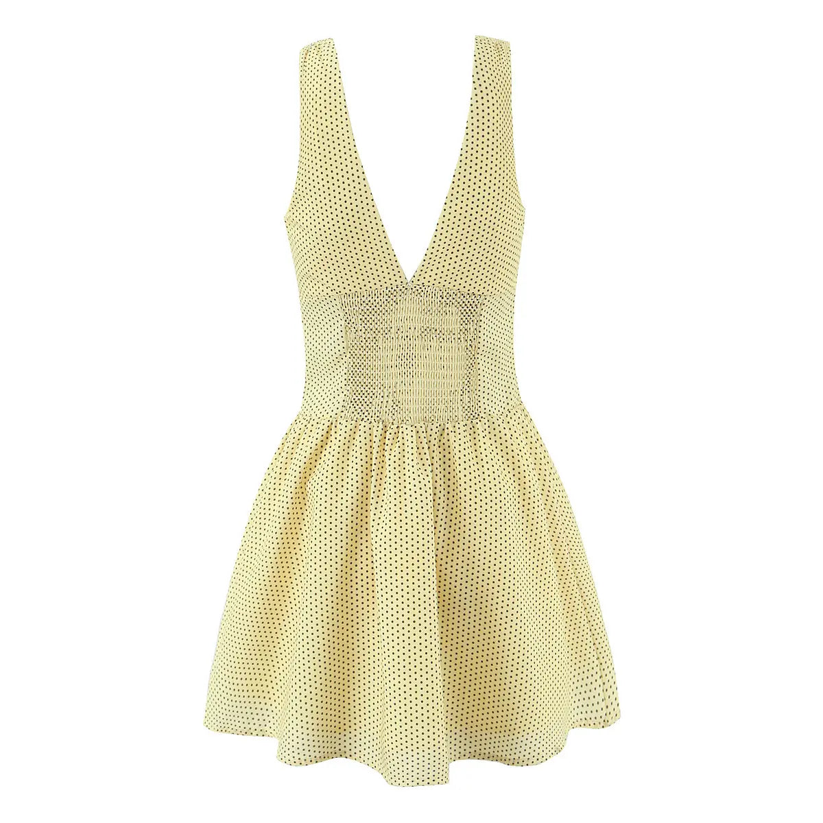 Full back view smocked waist sleeveless yellow polka dot mini dress