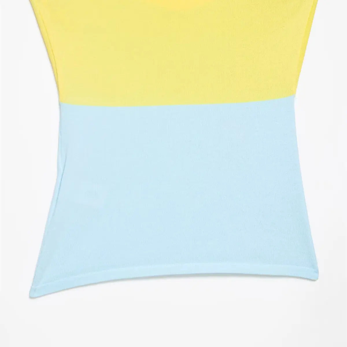 Front view of the yellow and blue color-block knit top, showing the color-block split and ribbed texture