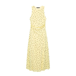 Full front view side ruched waist flowy long maxi dot print chiffon dress